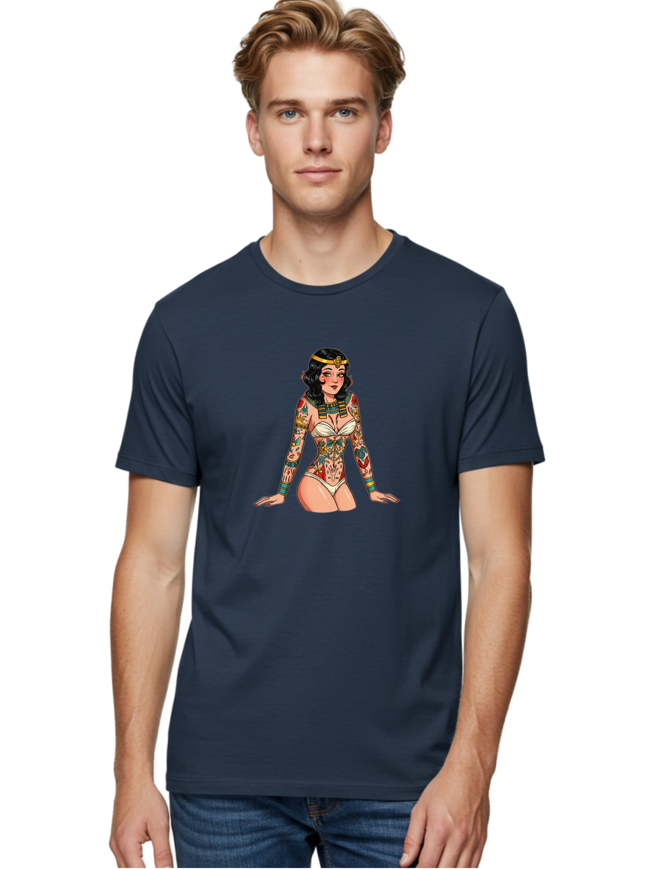 Tattooed-Pinup-Girl Men'S Graphic Tee, 100% Cotton, Comfortable Casual Summer Wear, Machine Washable, Pin-Up Girl Illustration, Tattoo Art, Body Art, Vintage Style, Erotic Art, Colorful Tattoos, White Swimsuit, Kneeling Pose, Ancient Jewelry, Bad832