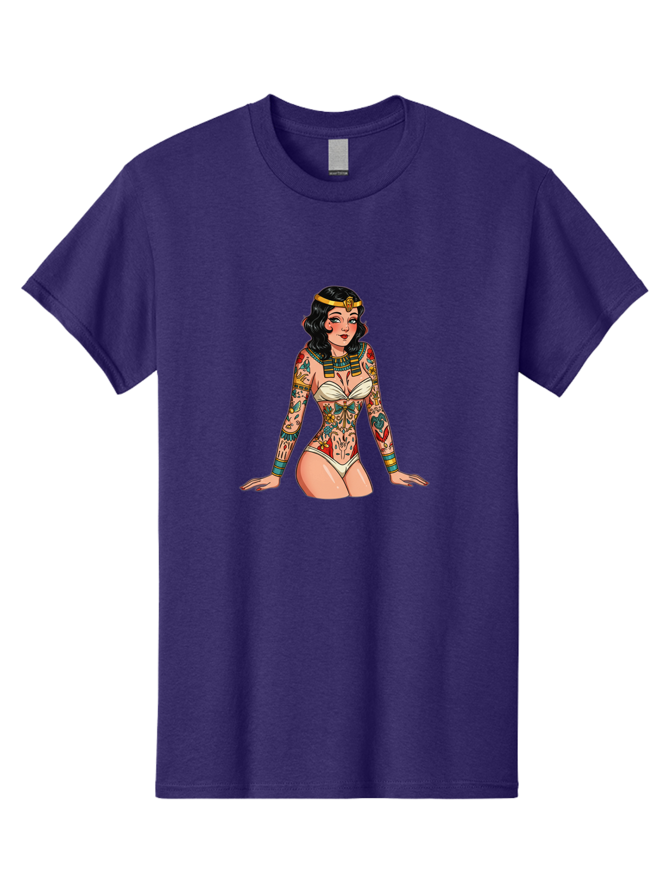 Tattooed-Pinup-Girl Men'S Graphic Tee, 100% Cotton, Comfortable Casual Summer Wear, Machine Washable, Pin-Up Girl Illustration, Tattoo Art, Body Art, Vintage Style, Erotic Art, Colorful Tattoos, White Swimsuit, Kneeling Pose, Ancient Jewelry, Bad832