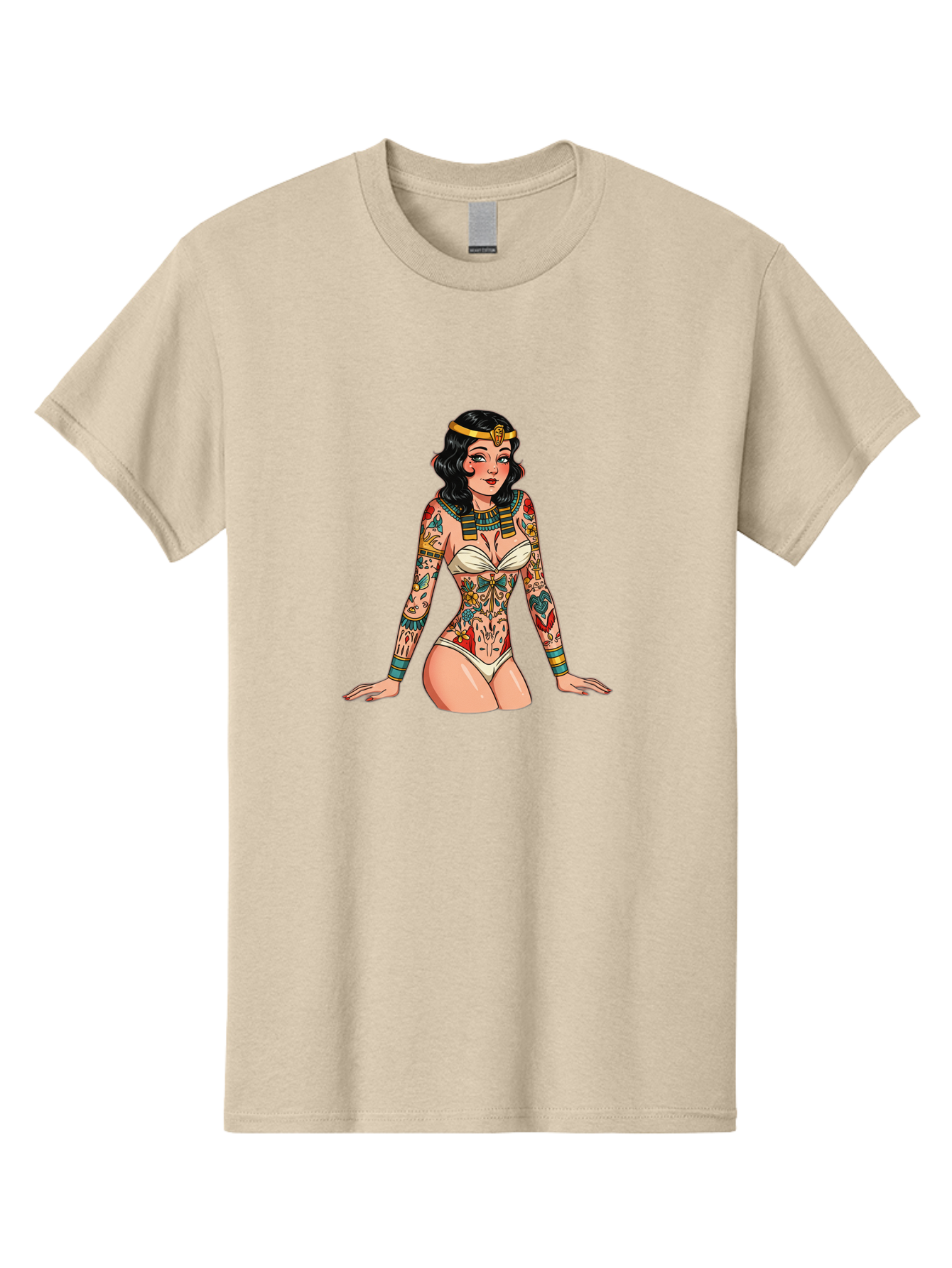 Tattooed-Pinup-Girl Men'S Graphic Tee, 100% Cotton, Comfortable Casual Summer Wear, Machine Washable, Pin-Up Girl Illustration, Tattoo Art, Body Art, Vintage Style, Erotic Art, Colorful Tattoos, White Swimsuit, Kneeling Pose, Ancient Jewelry, Bad832