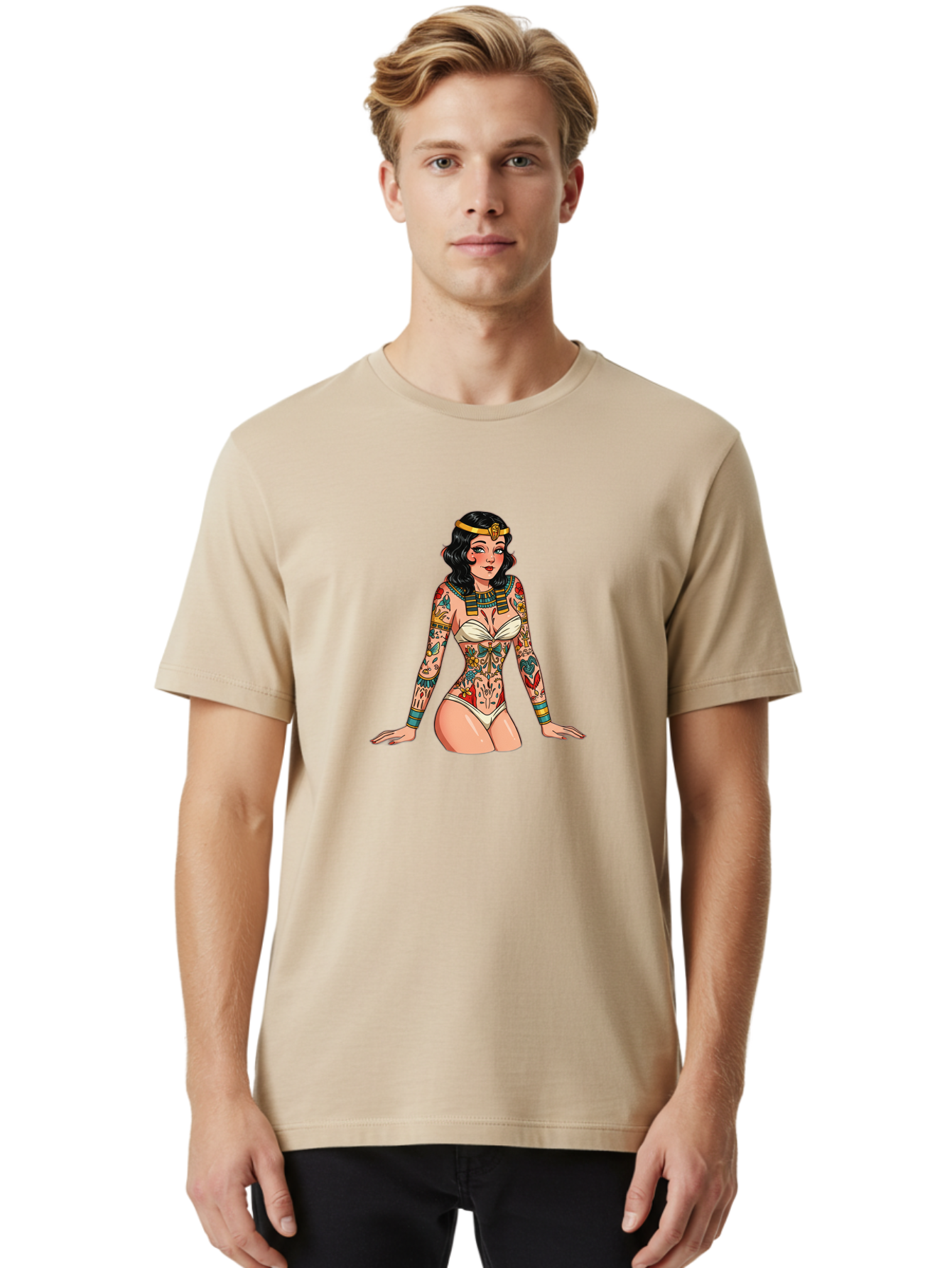 Tattooed-Pinup-Girl Men'S Graphic Tee, 100% Cotton, Comfortable Casual Summer Wear, Machine Washable, Pin-Up Girl Illustration, Tattoo Art, Body Art, Vintage Style, Erotic Art, Colorful Tattoos, White Swimsuit, Kneeling Pose, Ancient Jewelry, Bad832