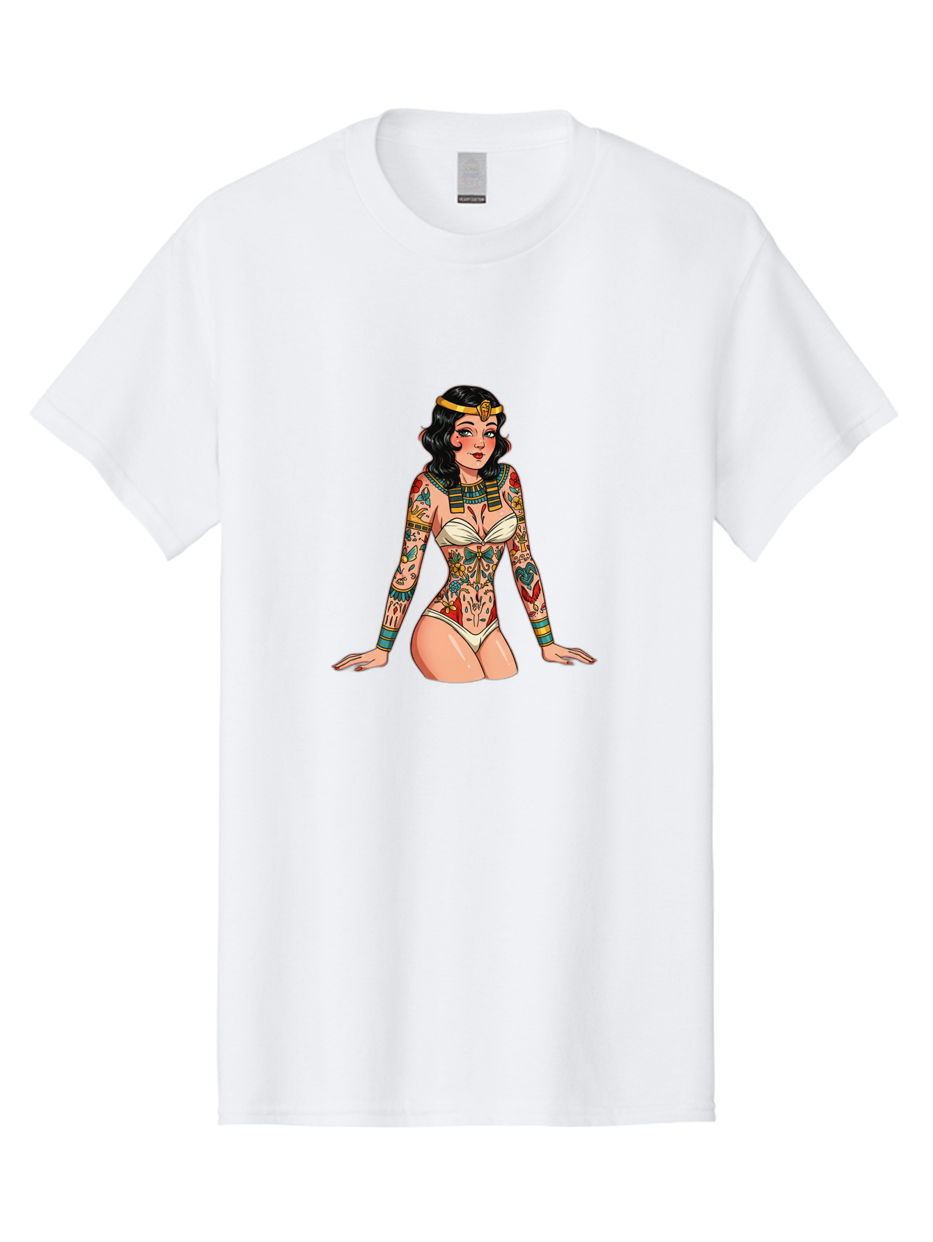 Tattooed-Pinup-Girl Men'S Graphic Tee, 100% Cotton, Comfortable Casual Summer Wear, Machine Washable, Pin-Up Girl Illustration, Tattoo Art, Body Art, Vintage Style, Erotic Art, Colorful Tattoos, White Swimsuit, Kneeling Pose, Ancient Jewelry, Bad832