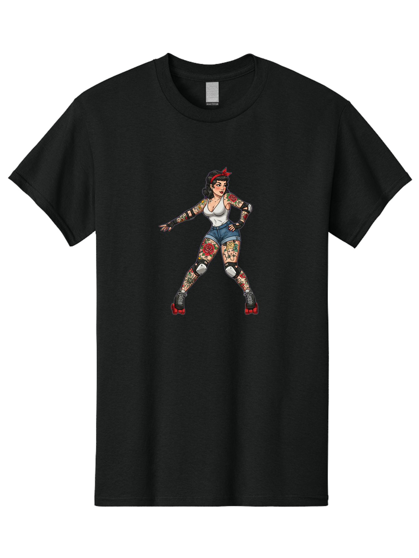 Tattooed-Roller-Girl Men'S Graphic Tee, 100% Cotton, Comfortable Casual Summer Wear, Machine Washable, Pin-Up Girl, Roller Skater, Tattoos, Retro Style, Vintage Charm, Roller Skating, Body Art, Female Empowerment, Graphic Design, Bad833