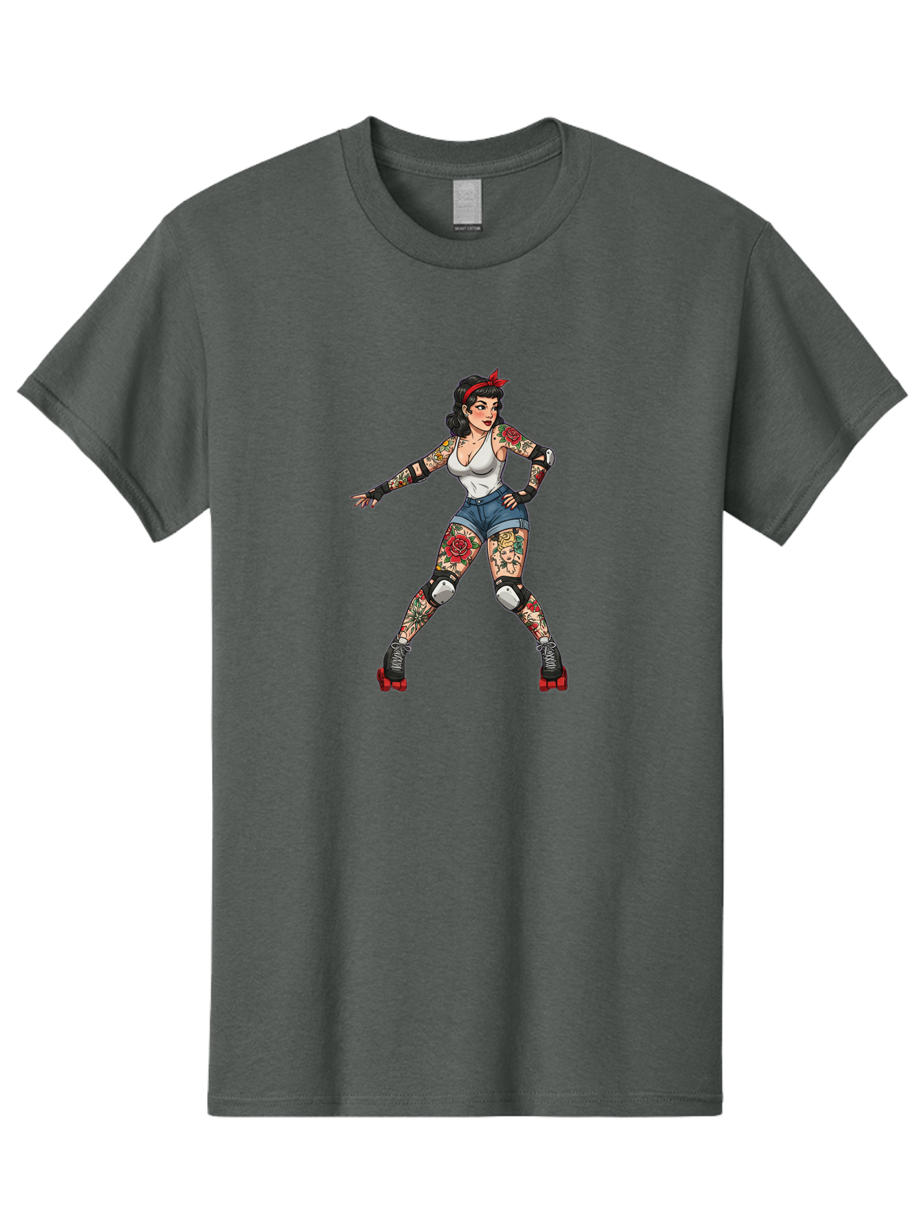 Tattooed-Roller-Girl Men'S Graphic Tee, 100% Cotton, Comfortable Casual Summer Wear, Machine Washable, Pin-Up Girl, Roller Skater, Tattoos, Retro Style, Vintage Charm, Roller Skating, Body Art, Female Empowerment, Graphic Design, Bad833