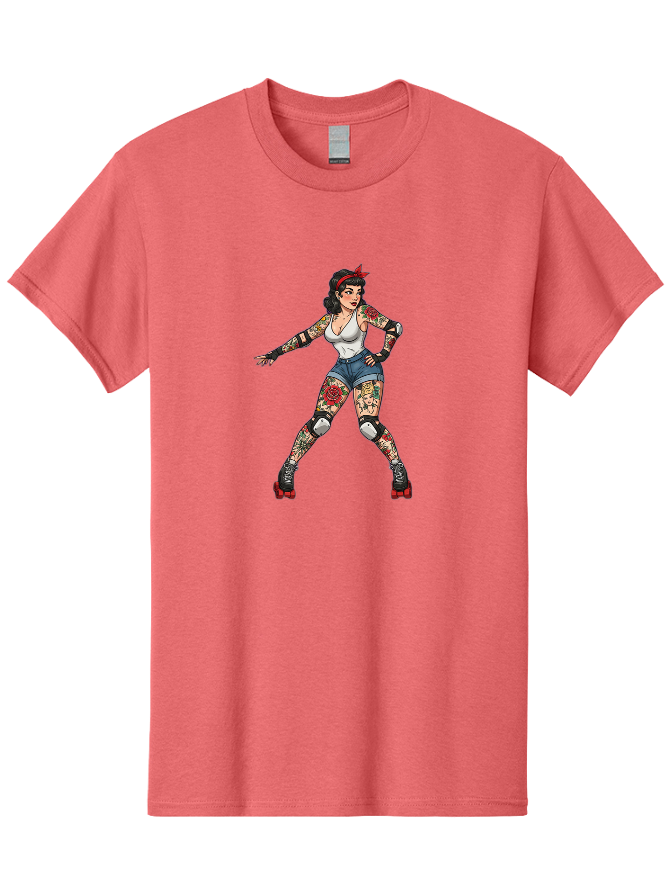 Tattooed-Roller-Girl Men'S Graphic Tee, 100% Cotton, Comfortable Casual Summer Wear, Machine Washable, Pin-Up Girl, Roller Skater, Tattoos, Retro Style, Vintage Charm, Roller Skating, Body Art, Female Empowerment, Graphic Design, Bad833