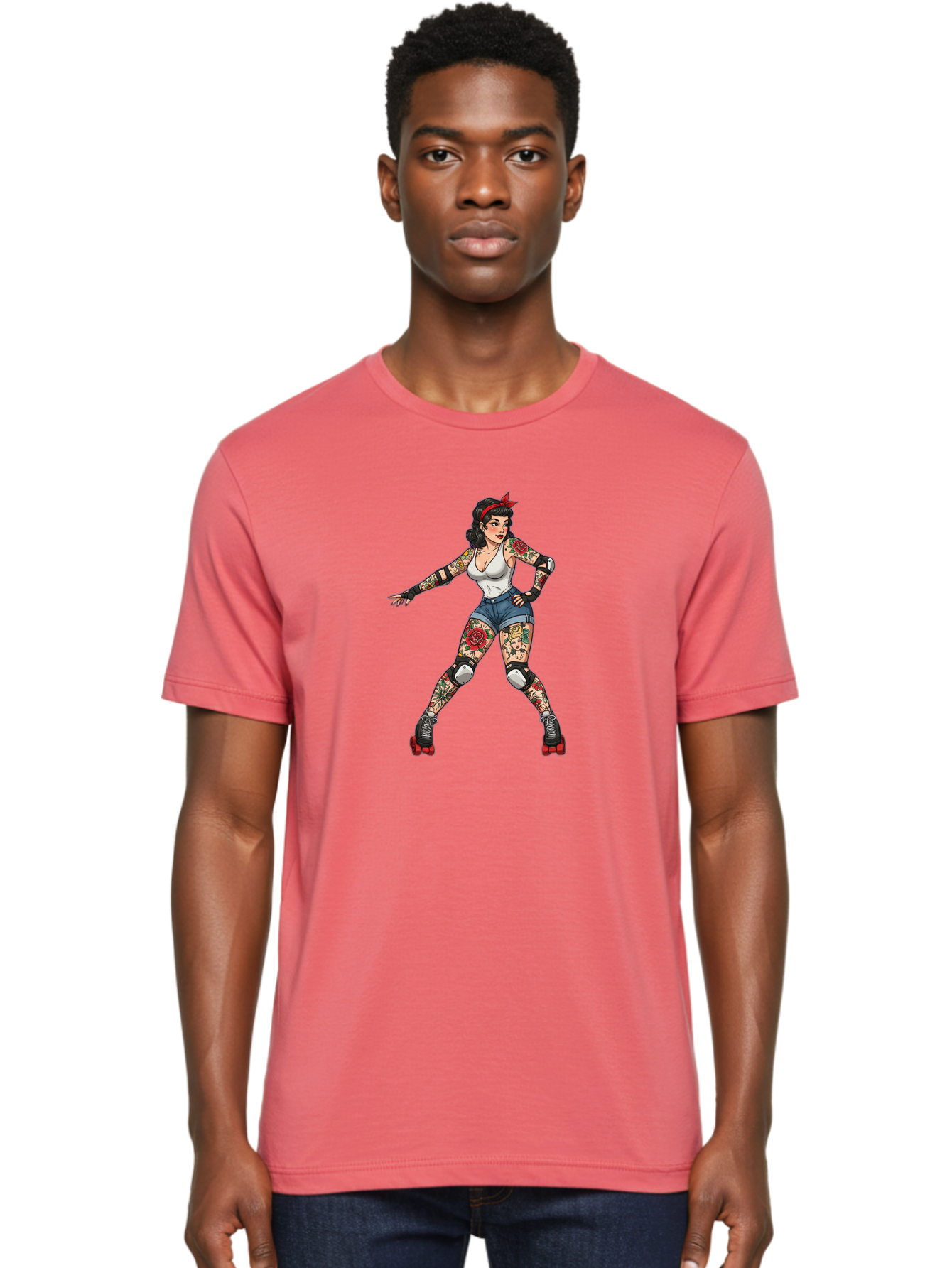 Tattooed-Roller-Girl Men'S Graphic Tee, 100% Cotton, Comfortable Casual Summer Wear, Machine Washable, Pin-Up Girl, Roller Skater, Tattoos, Retro Style, Vintage Charm, Roller Skating, Body Art, Female Empowerment, Graphic Design, Bad833