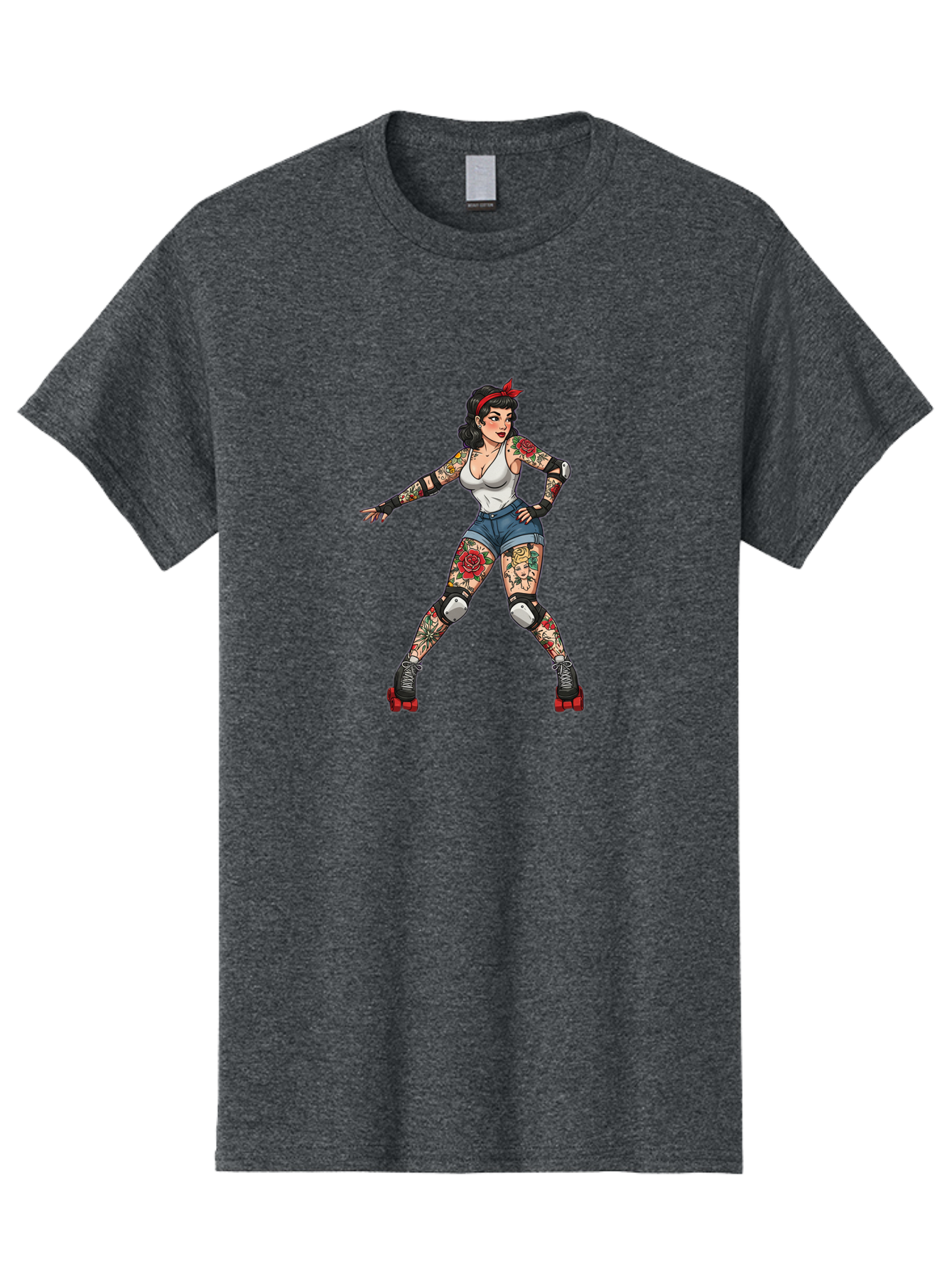 Tattooed-Roller-Girl Men'S Graphic Tee, 100% Cotton, Comfortable Casual Summer Wear, Machine Washable, Pin-Up Girl, Roller Skater, Tattoos, Retro Style, Vintage Charm, Roller Skating, Body Art, Female Empowerment, Graphic Design, Bad833