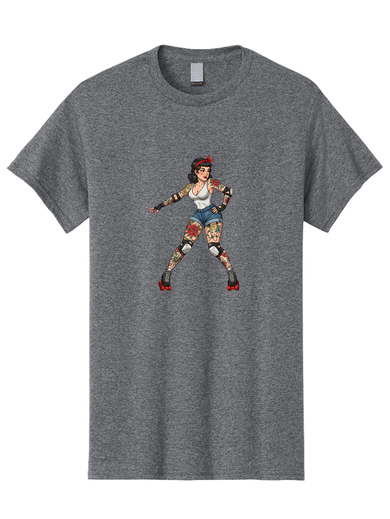 Tattooed-Roller-Girl Men'S Graphic Tee, 100% Cotton, Comfortable Casual Summer Wear, Machine Washable, Pin-Up Girl, Roller Skater, Tattoos, Retro Style, Vintage Charm, Roller Skating, Body Art, Female Empowerment, Graphic Design, Bad833