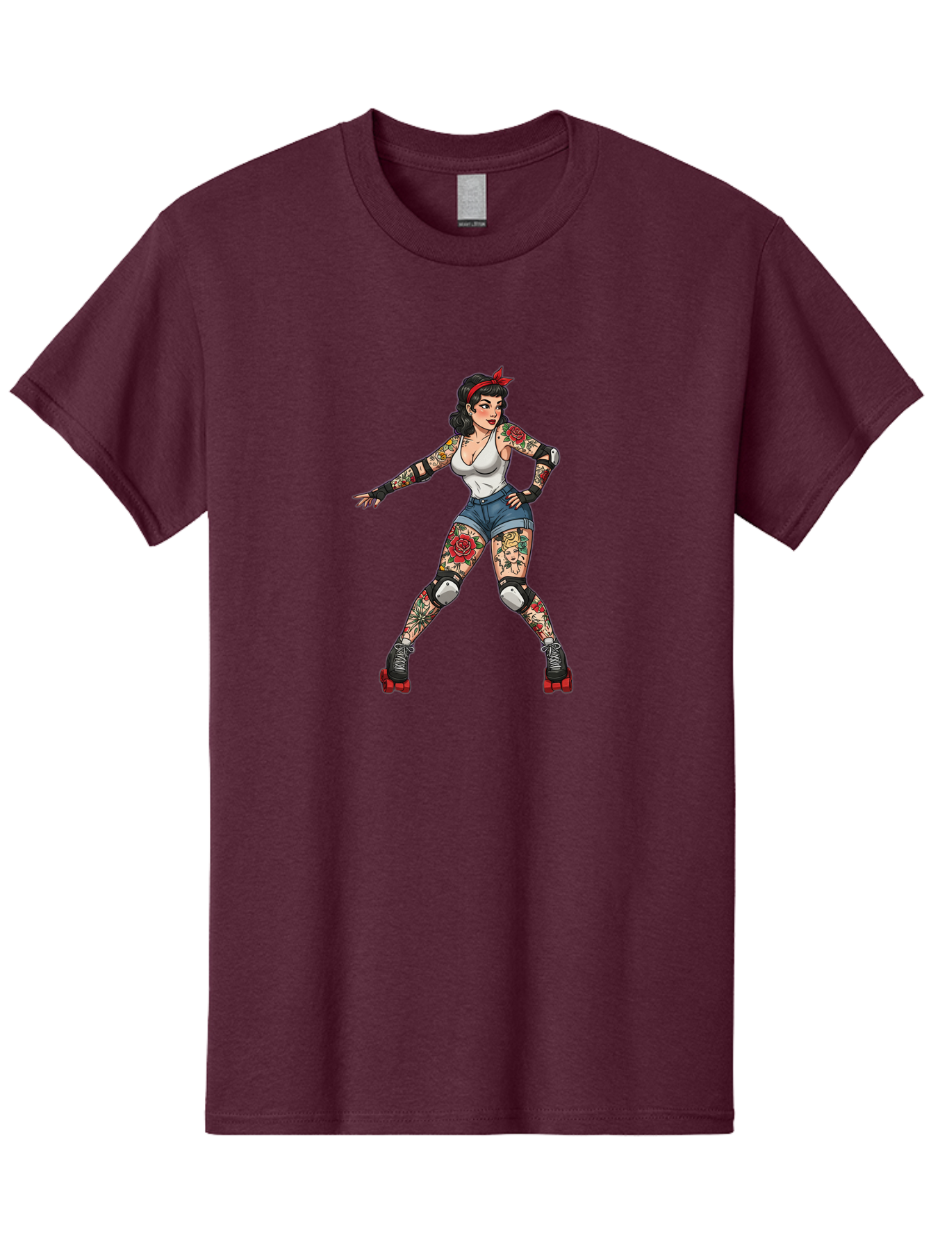 Tattooed-Roller-Girl Men'S Graphic Tee, 100% Cotton, Comfortable Casual Summer Wear, Machine Washable, Pin-Up Girl, Roller Skater, Tattoos, Retro Style, Vintage Charm, Roller Skating, Body Art, Female Empowerment, Graphic Design, Bad833