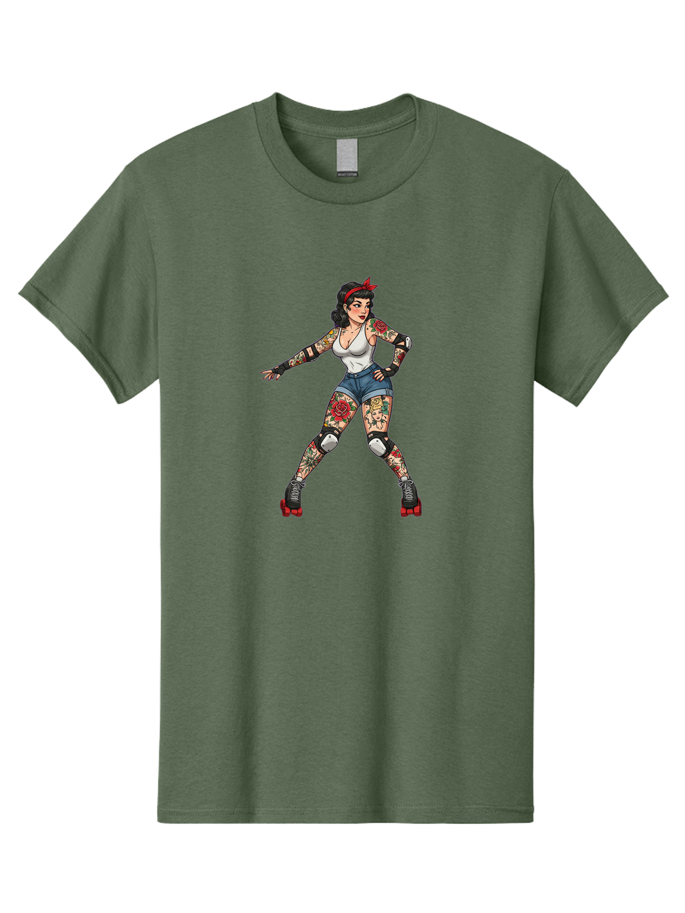 Tattooed-Roller-Girl Men'S Graphic Tee, 100% Cotton, Comfortable Casual Summer Wear, Machine Washable, Pin-Up Girl, Roller Skater, Tattoos, Retro Style, Vintage Charm, Roller Skating, Body Art, Female Empowerment, Graphic Design, Bad833