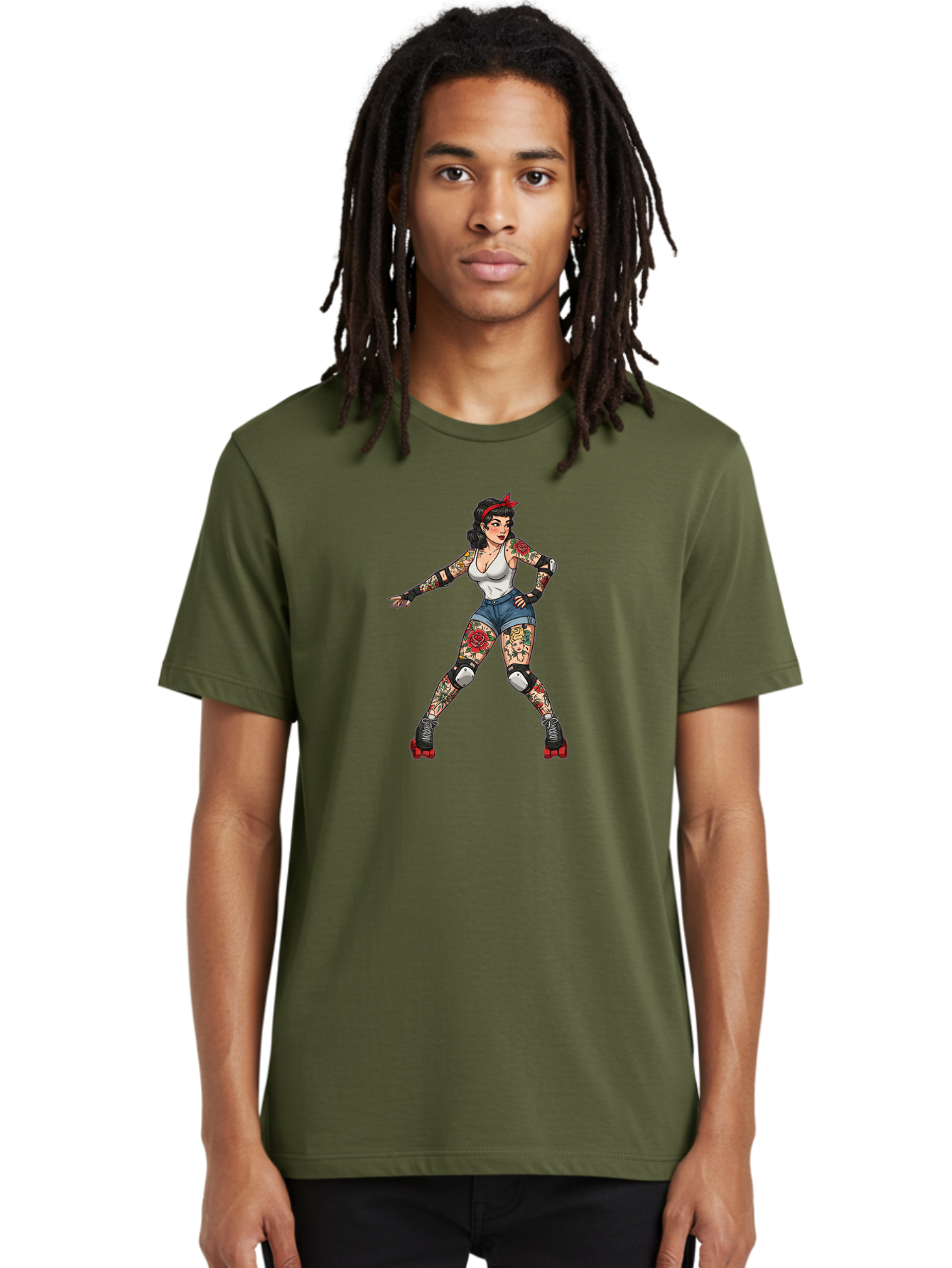 Tattooed-Roller-Girl Men'S Graphic Tee, 100% Cotton, Comfortable Casual Summer Wear, Machine Washable, Pin-Up Girl, Roller Skater, Tattoos, Retro Style, Vintage Charm, Roller Skating, Body Art, Female Empowerment, Graphic Design, Bad833