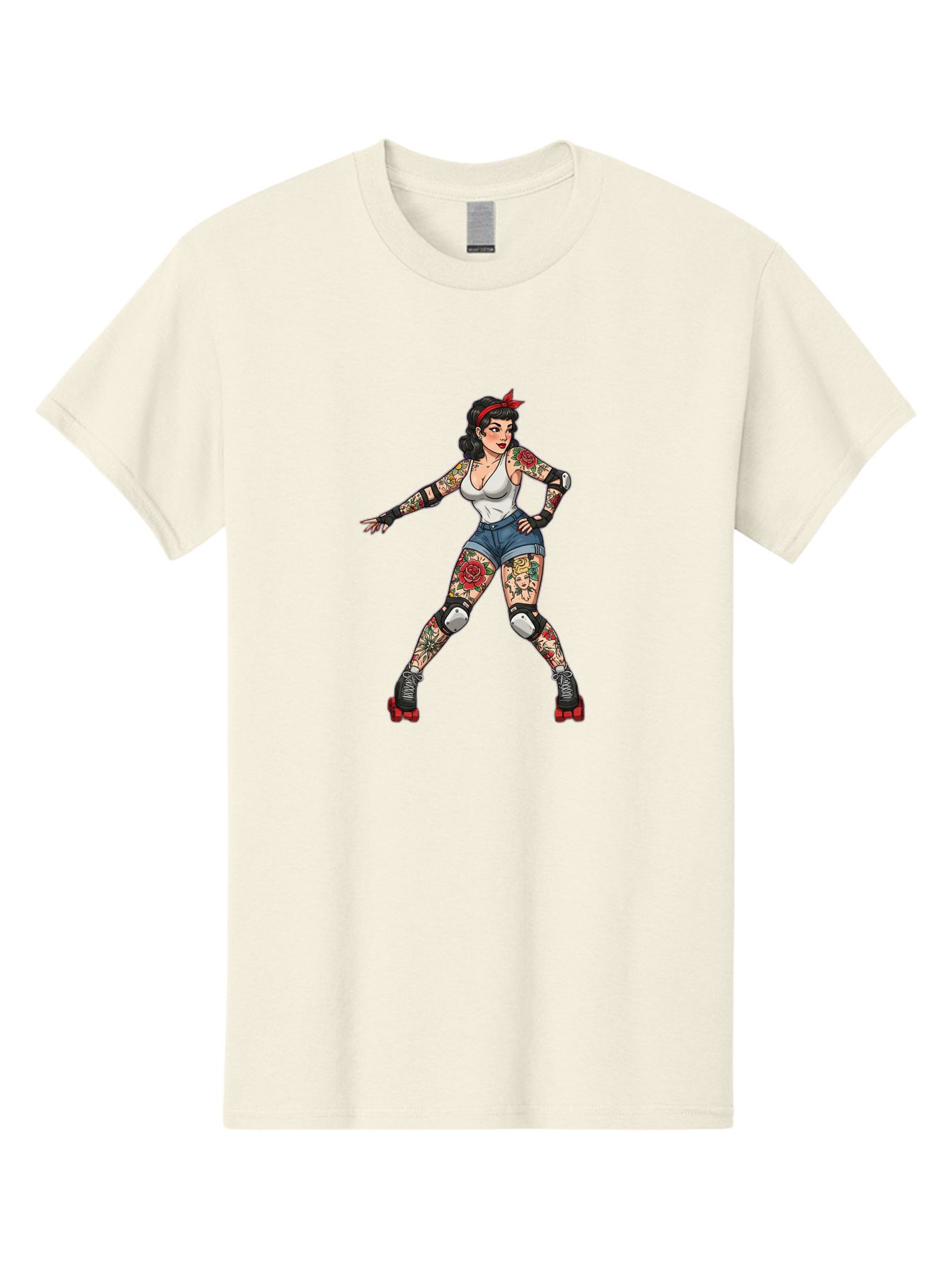 Tattooed-Roller-Girl Men'S Graphic Tee, 100% Cotton, Comfortable Casual Summer Wear, Machine Washable, Pin-Up Girl, Roller Skater, Tattoos, Retro Style, Vintage Charm, Roller Skating, Body Art, Female Empowerment, Graphic Design, Bad833