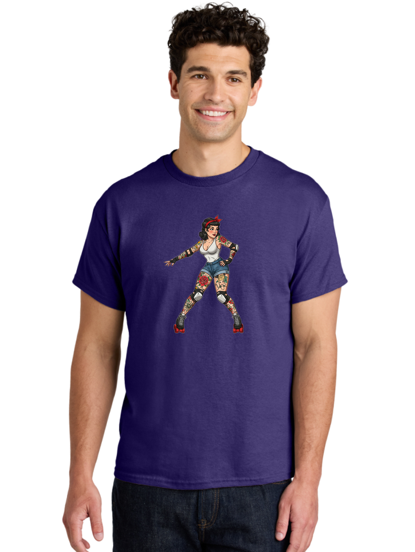 Tattooed-Roller-Girl Men'S Graphic Tee, 100% Cotton, Comfortable Casual Summer Wear, Machine Washable, Pin-Up Girl, Roller Skater, Tattoos, Retro Style, Vintage Charm, Roller Skating, Body Art, Female Empowerment, Graphic Design, Bad833
