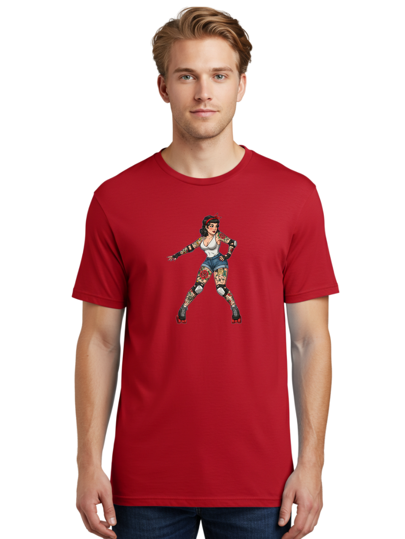 Tattooed-Roller-Girl Men'S Graphic Tee, 100% Cotton, Comfortable Casual Summer Wear, Machine Washable, Pin-Up Girl, Roller Skater, Tattoos, Retro Style, Vintage Charm, Roller Skating, Body Art, Female Empowerment, Graphic Design, Bad833