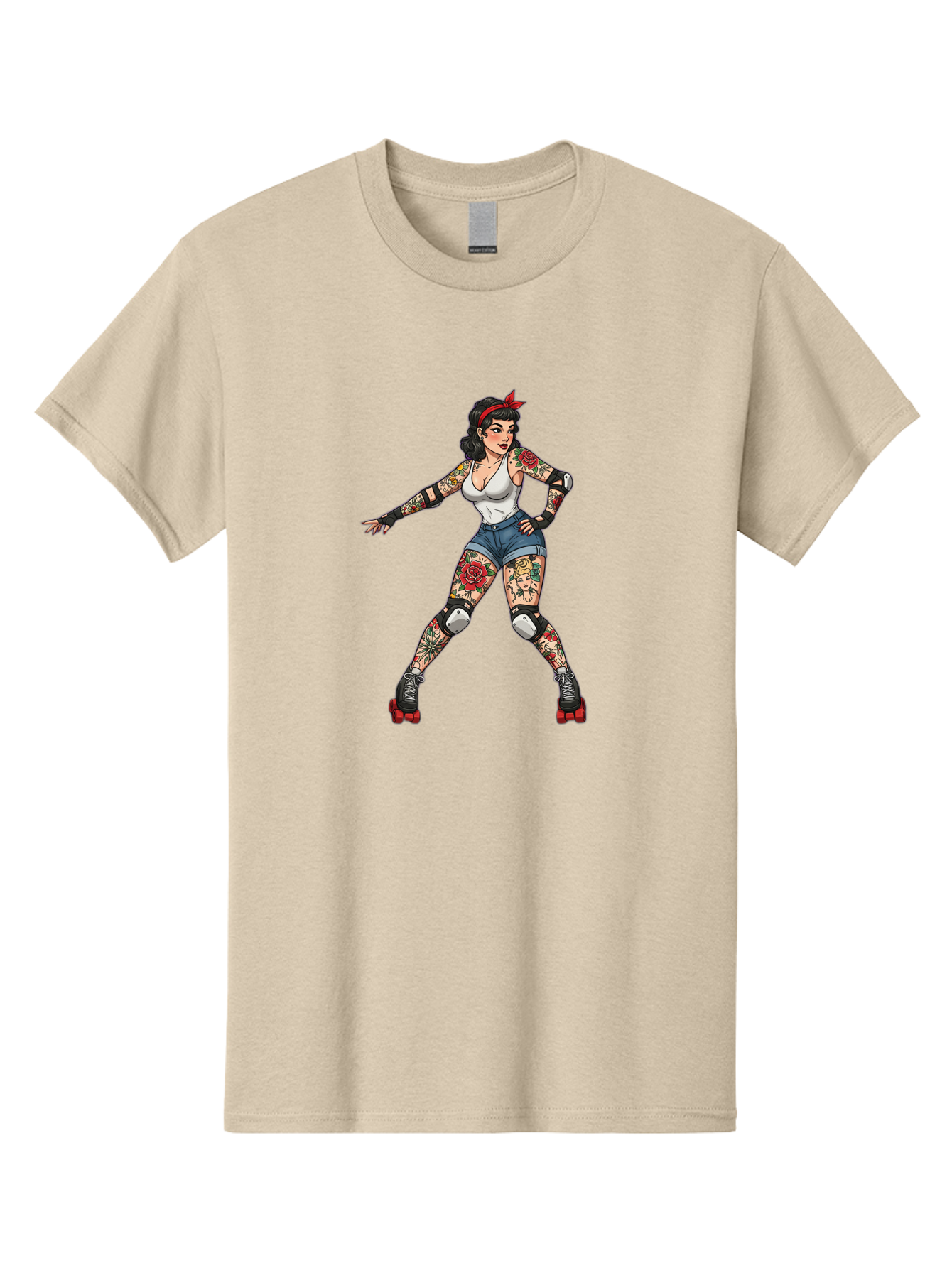 Tattooed-Roller-Girl Men'S Graphic Tee, 100% Cotton, Comfortable Casual Summer Wear, Machine Washable, Pin-Up Girl, Roller Skater, Tattoos, Retro Style, Vintage Charm, Roller Skating, Body Art, Female Empowerment, Graphic Design, Bad833