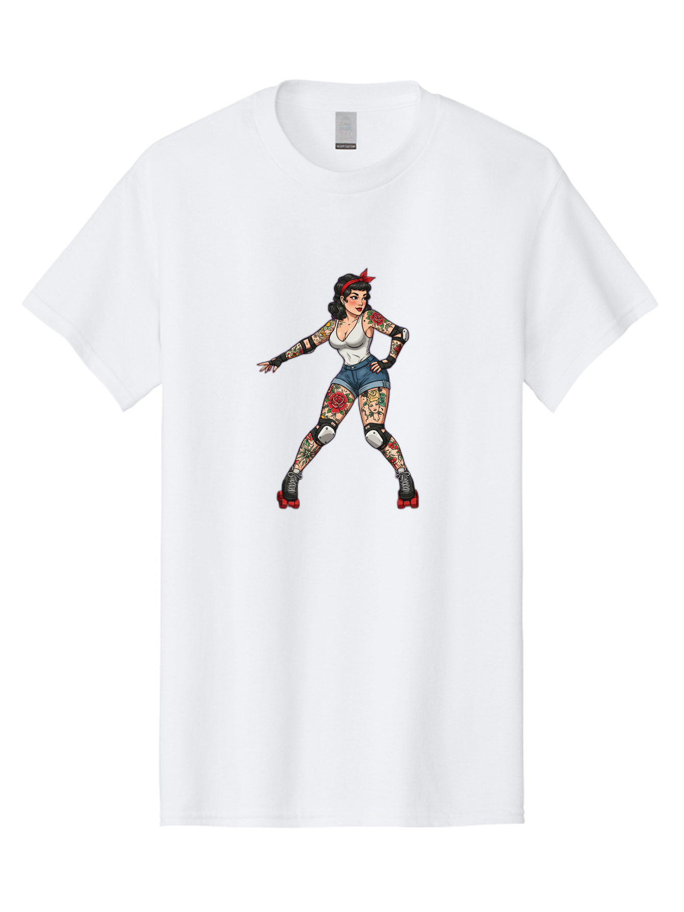 Tattooed-Roller-Girl Men'S Graphic Tee, 100% Cotton, Comfortable Casual Summer Wear, Machine Washable, Pin-Up Girl, Roller Skater, Tattoos, Retro Style, Vintage Charm, Roller Skating, Body Art, Female Empowerment, Graphic Design, Bad833