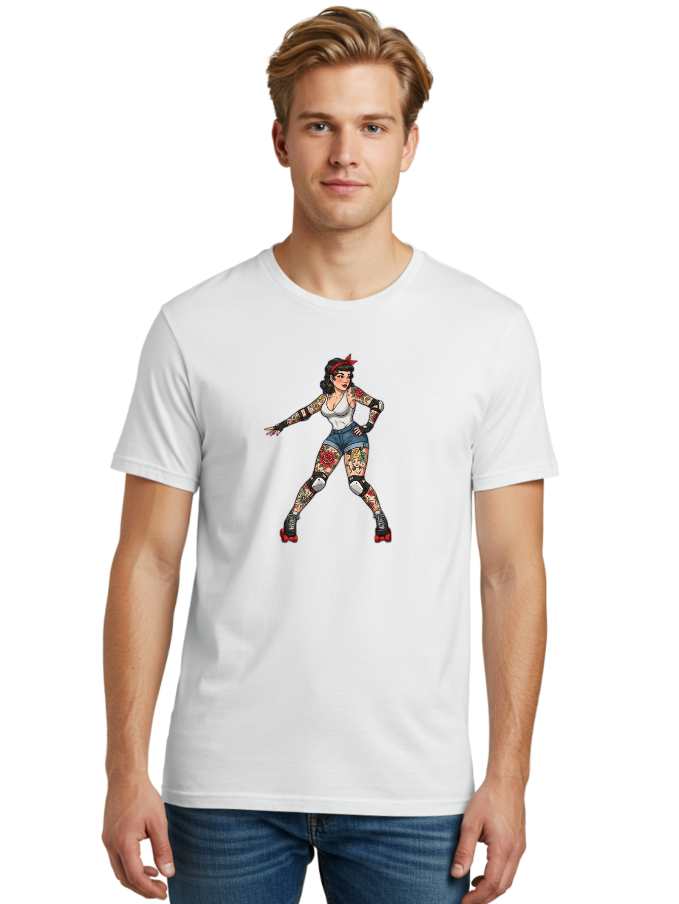 Tattooed-Roller-Girl Men'S Graphic Tee, 100% Cotton, Comfortable Casual Summer Wear, Machine Washable, Pin-Up Girl, Roller Skater, Tattoos, Retro Style, Vintage Charm, Roller Skating, Body Art, Female Empowerment, Graphic Design, Bad833