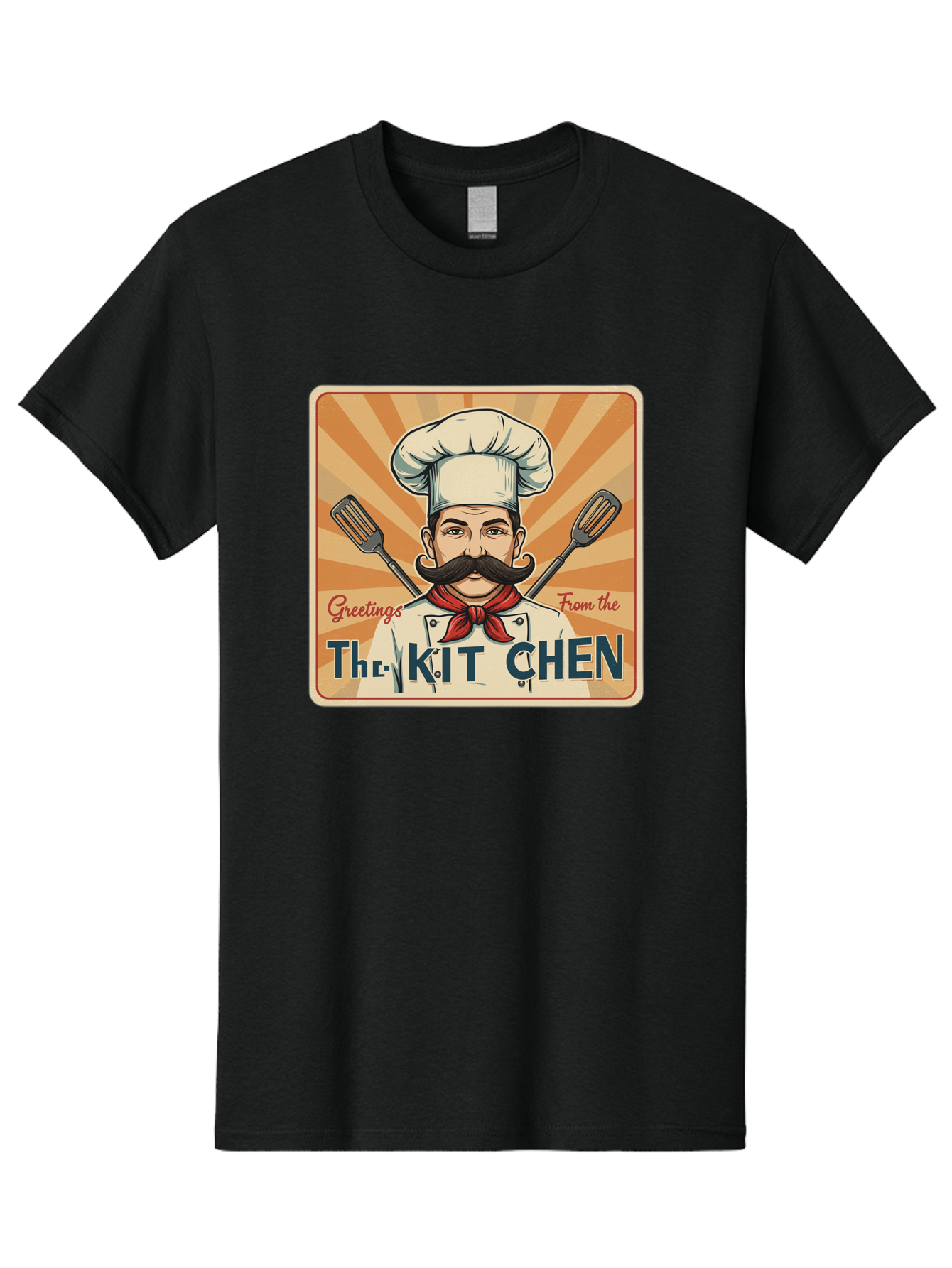 The-Kit-Chen Men'S Graphic Tee, 100% Cotton, Comfortable Casual Summer Wear, Machine Washable, Cartoon Chef, Mustachioed Man, Cooking Utensils, Kitchen Theme, Retro Style, Playful Graphics, Chef'S Hat, Red Neckerchief, Warm Colors, Bad835