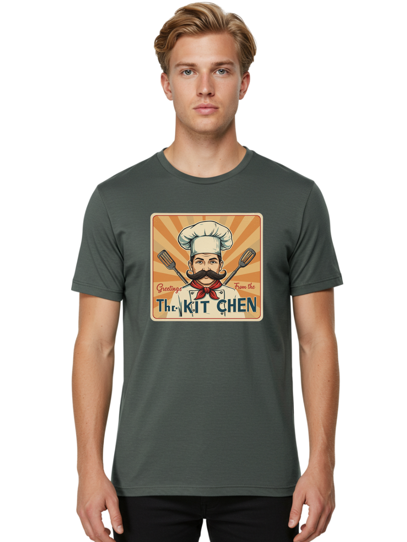 The-Kit-Chen Men'S Graphic Tee, 100% Cotton, Comfortable Casual Summer Wear, Machine Washable, Cartoon Chef, Mustachioed Man, Cooking Utensils, Kitchen Theme, Retro Style, Playful Graphics, Chef'S Hat, Red Neckerchief, Warm Colors, Bad835