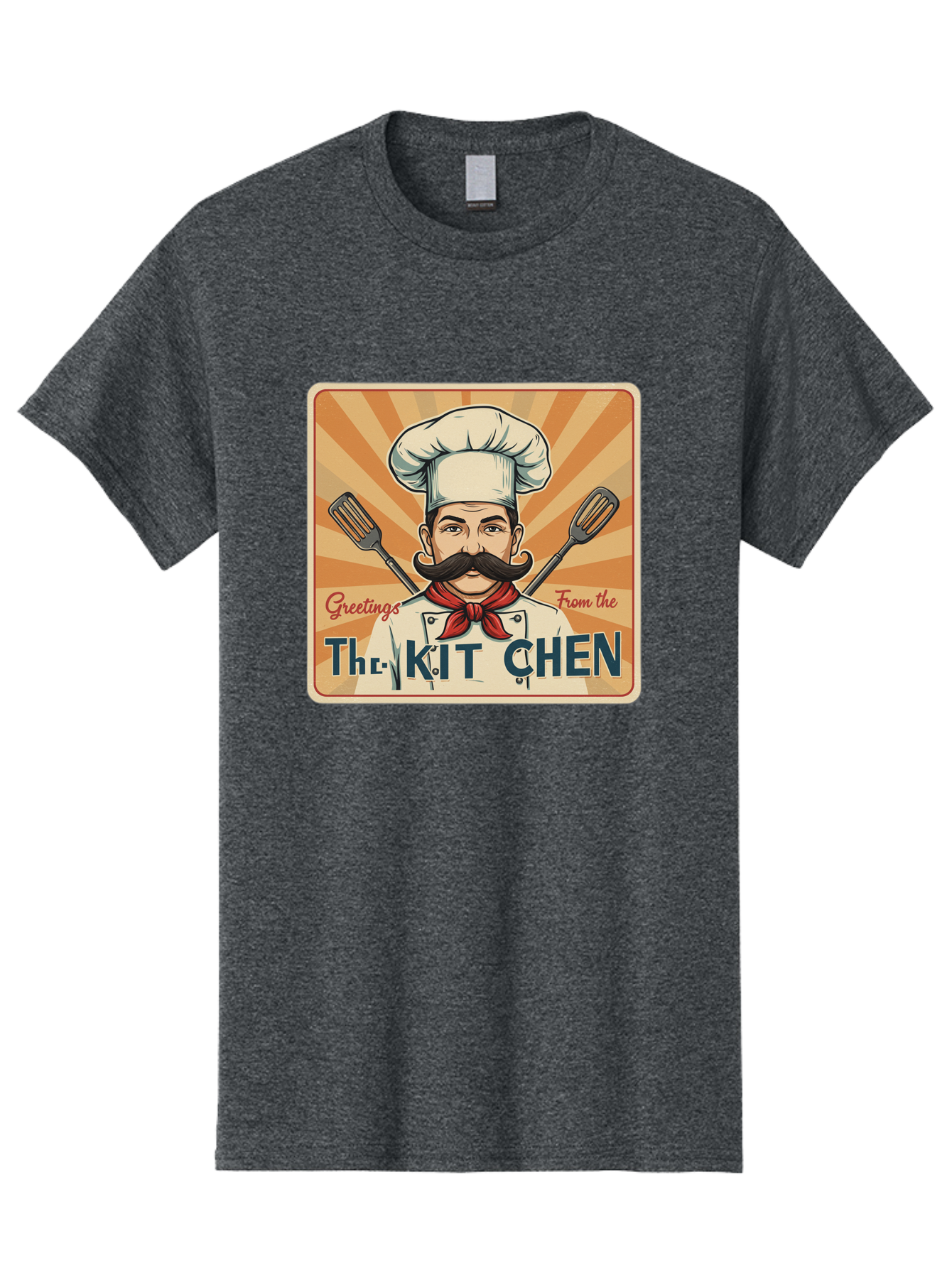 The-Kit-Chen Men'S Graphic Tee, 100% Cotton, Comfortable Casual Summer Wear, Machine Washable, Cartoon Chef, Mustachioed Man, Cooking Utensils, Kitchen Theme, Retro Style, Playful Graphics, Chef'S Hat, Red Neckerchief, Warm Colors, Bad835