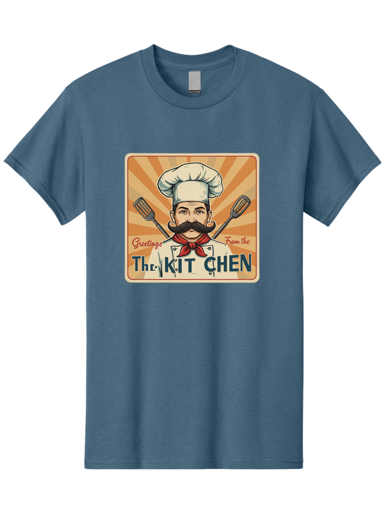 The-Kit-Chen Men'S Graphic Tee, 100% Cotton, Comfortable Casual Summer Wear, Machine Washable, Cartoon Chef, Mustachioed Man, Cooking Utensils, Kitchen Theme, Retro Style, Playful Graphics, Chef'S Hat, Red Neckerchief, Warm Colors, Bad835