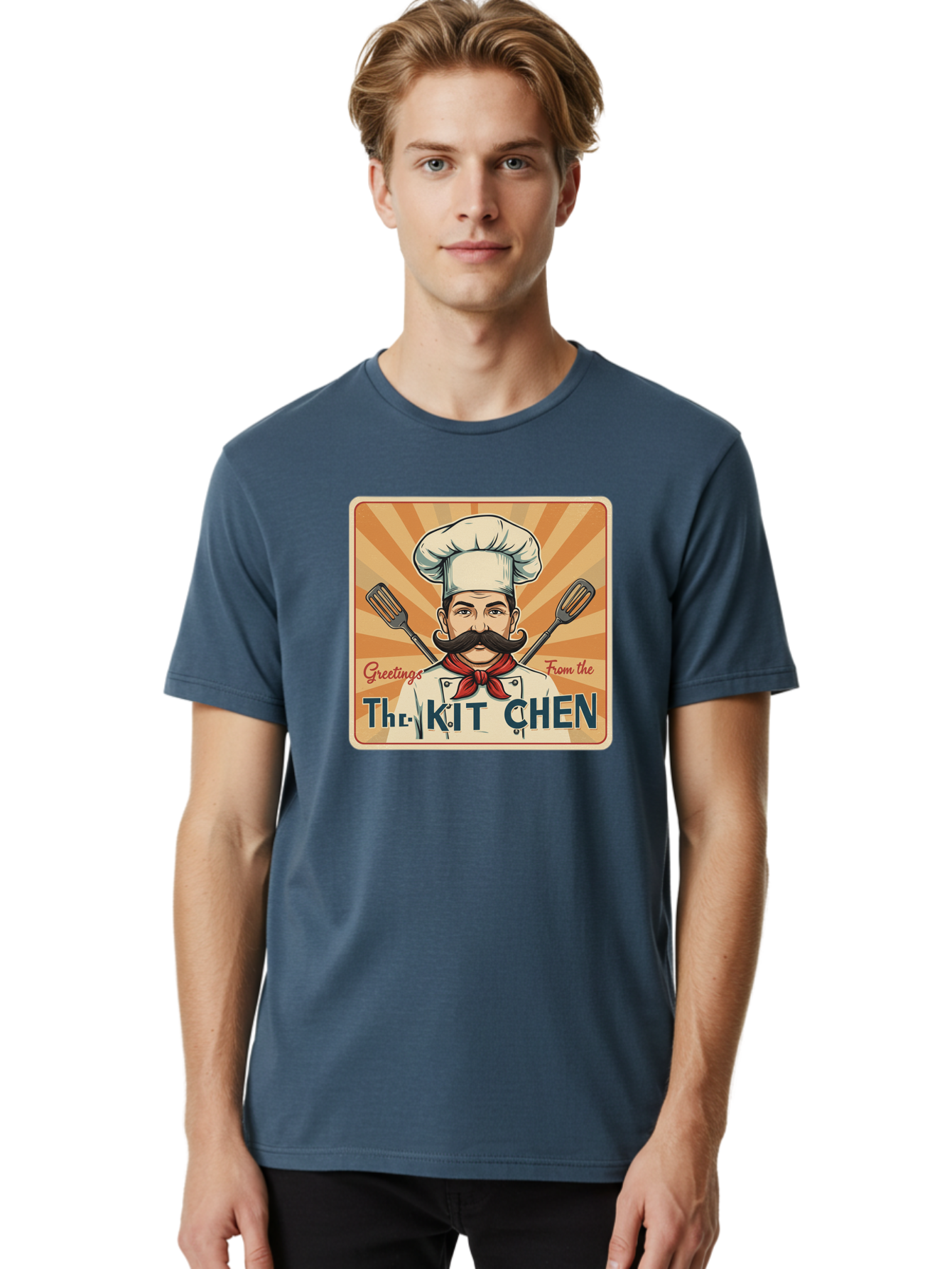 The-Kit-Chen Men'S Graphic Tee, 100% Cotton, Comfortable Casual Summer Wear, Machine Washable, Cartoon Chef, Mustachioed Man, Cooking Utensils, Kitchen Theme, Retro Style, Playful Graphics, Chef'S Hat, Red Neckerchief, Warm Colors, Bad835