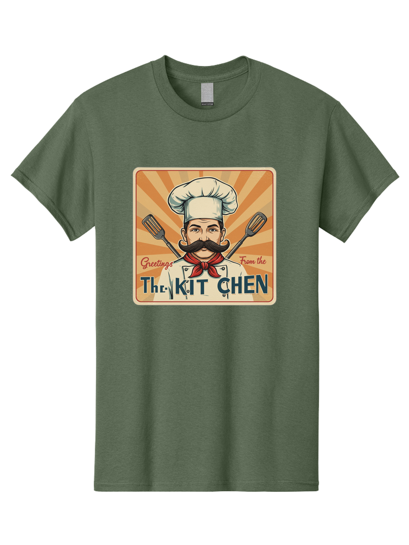 The-Kit-Chen Men'S Graphic Tee, 100% Cotton, Comfortable Casual Summer Wear, Machine Washable, Cartoon Chef, Mustachioed Man, Cooking Utensils, Kitchen Theme, Retro Style, Playful Graphics, Chef'S Hat, Red Neckerchief, Warm Colors, Bad835