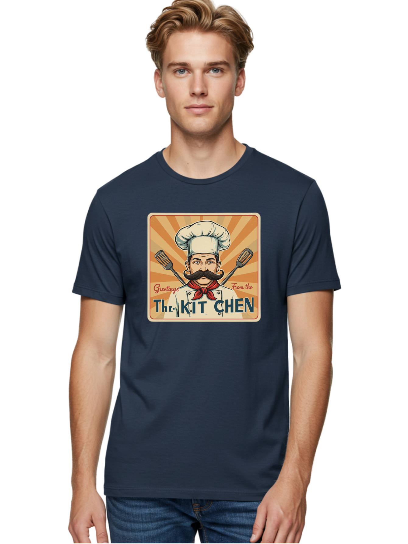 The-Kit-Chen Men'S Graphic Tee, 100% Cotton, Comfortable Casual Summer Wear, Machine Washable, Cartoon Chef, Mustachioed Man, Cooking Utensils, Kitchen Theme, Retro Style, Playful Graphics, Chef'S Hat, Red Neckerchief, Warm Colors, Bad835