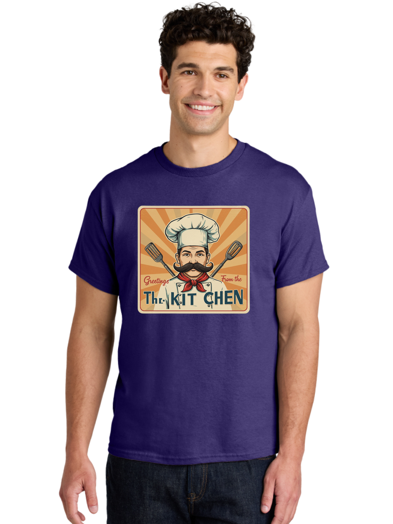 The-Kit-Chen Men'S Graphic Tee, 100% Cotton, Comfortable Casual Summer Wear, Machine Washable, Cartoon Chef, Mustachioed Man, Cooking Utensils, Kitchen Theme, Retro Style, Playful Graphics, Chef'S Hat, Red Neckerchief, Warm Colors, Bad835