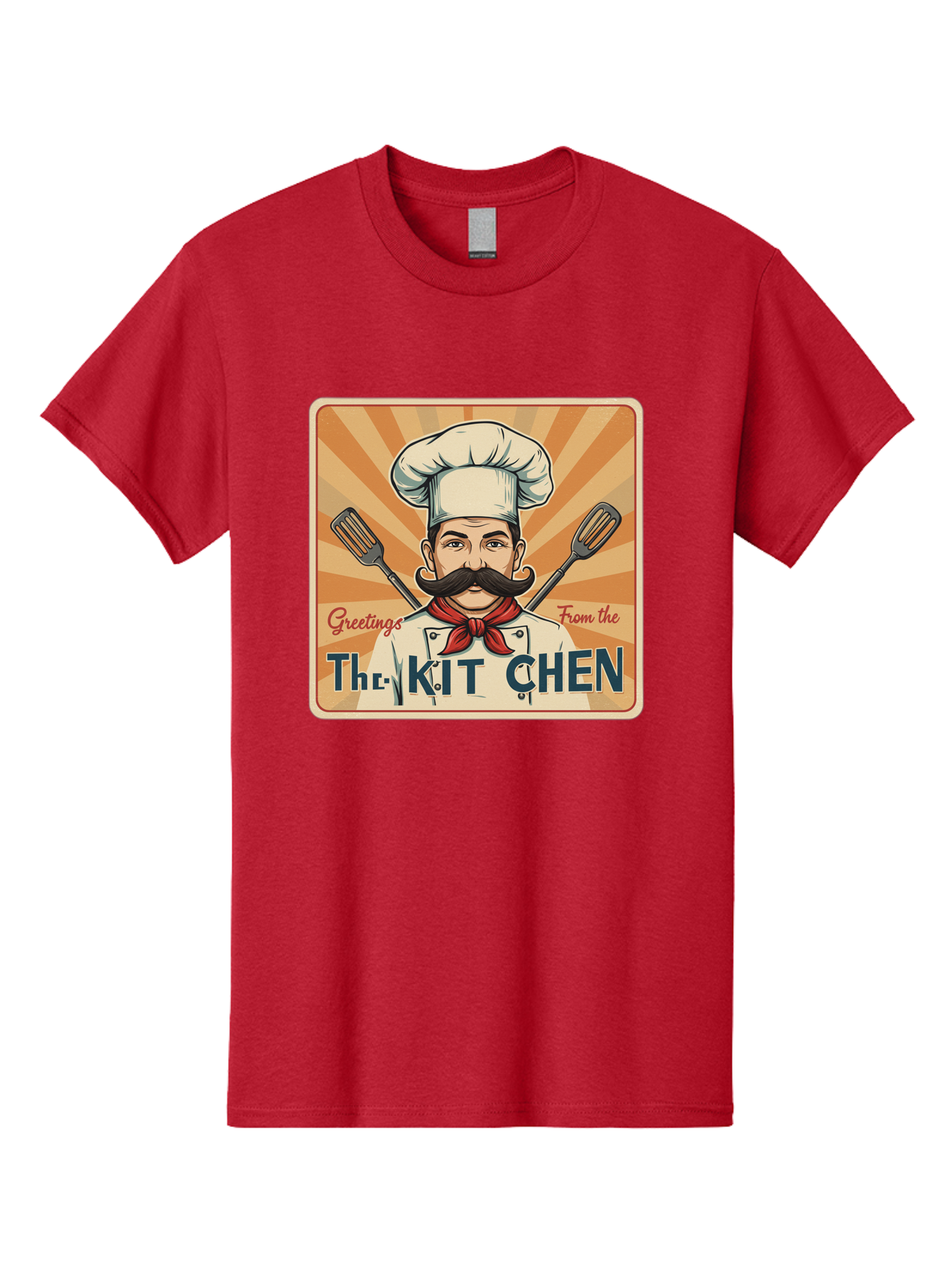 The-Kit-Chen Men'S Graphic Tee, 100% Cotton, Comfortable Casual Summer Wear, Machine Washable, Cartoon Chef, Mustachioed Man, Cooking Utensils, Kitchen Theme, Retro Style, Playful Graphics, Chef'S Hat, Red Neckerchief, Warm Colors, Bad835