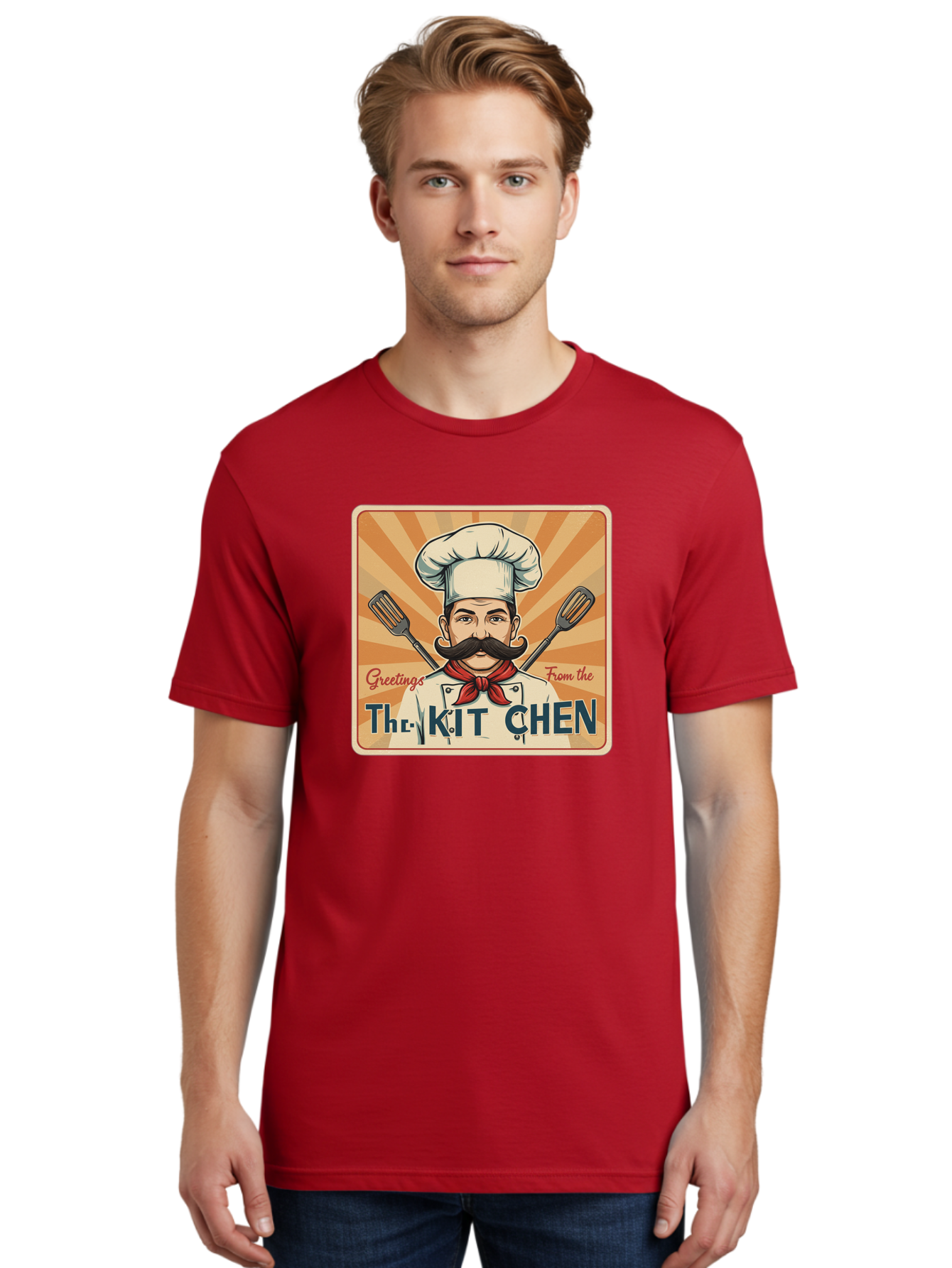 The-Kit-Chen Men'S Graphic Tee, 100% Cotton, Comfortable Casual Summer Wear, Machine Washable, Cartoon Chef, Mustachioed Man, Cooking Utensils, Kitchen Theme, Retro Style, Playful Graphics, Chef'S Hat, Red Neckerchief, Warm Colors, Bad835