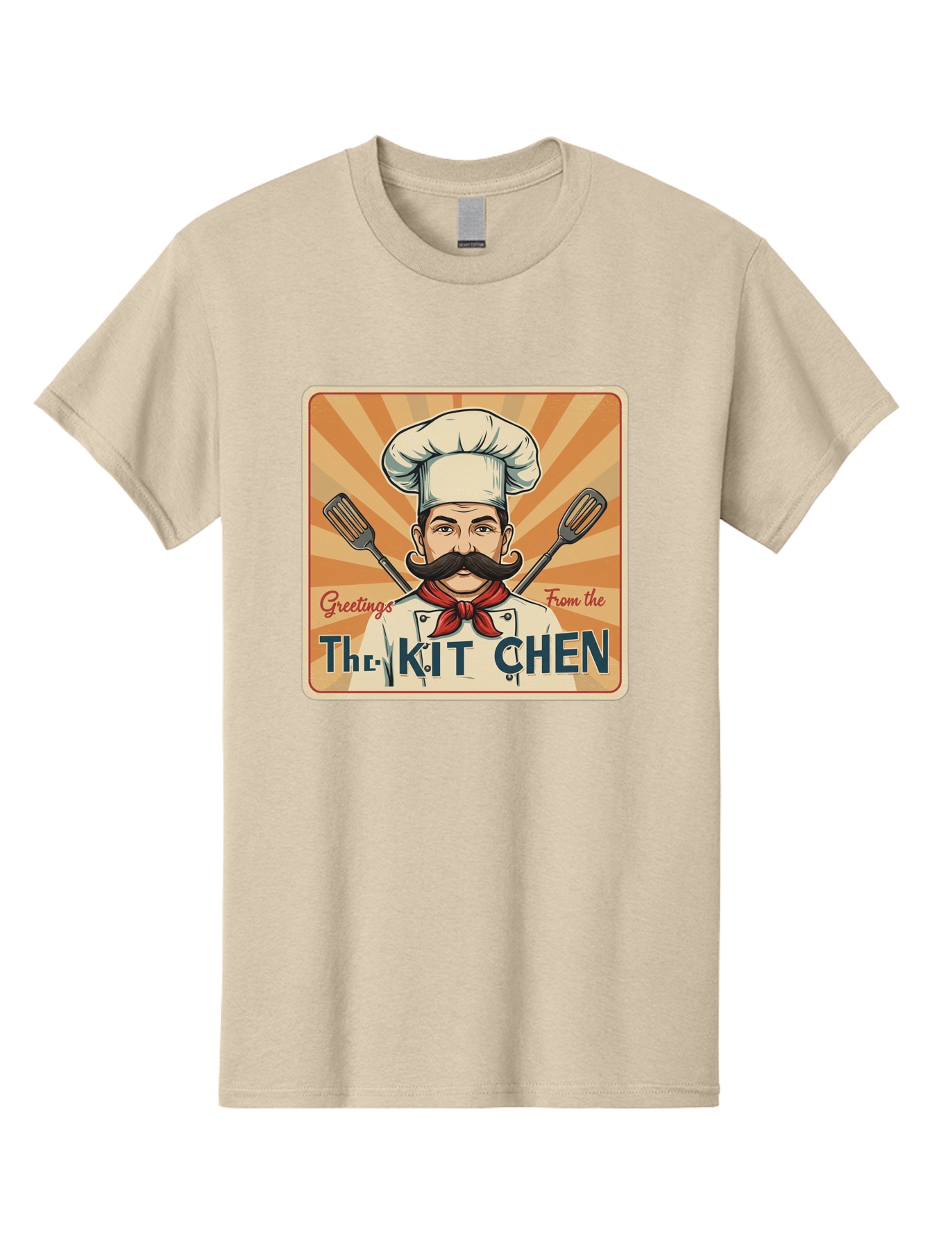 The-Kit-Chen Men'S Graphic Tee, 100% Cotton, Comfortable Casual Summer Wear, Machine Washable, Cartoon Chef, Mustachioed Man, Cooking Utensils, Kitchen Theme, Retro Style, Playful Graphics, Chef'S Hat, Red Neckerchief, Warm Colors, Bad835