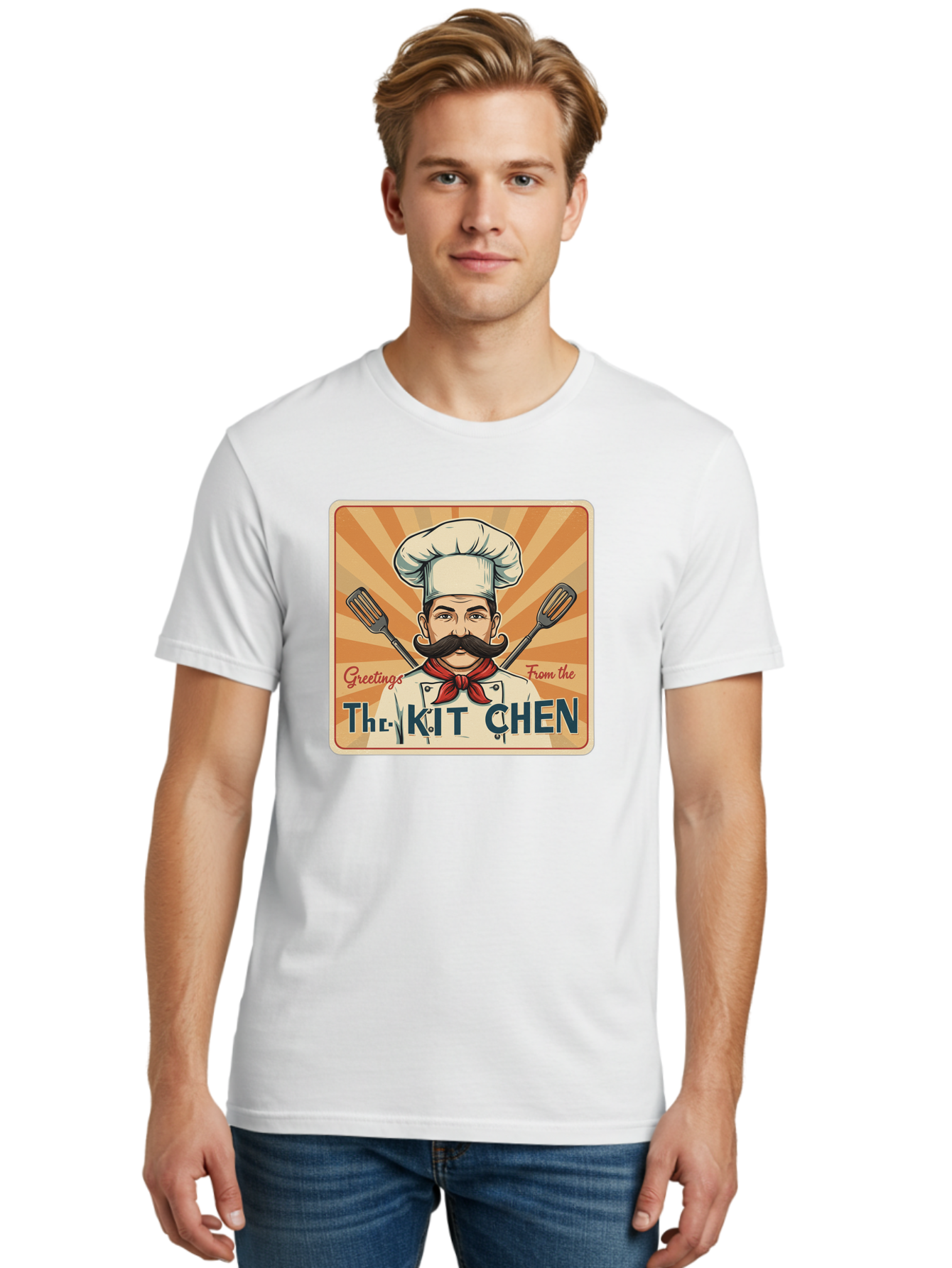 The-Kit-Chen Men'S Graphic Tee, 100% Cotton, Comfortable Casual Summer Wear, Machine Washable, Cartoon Chef, Mustachioed Man, Cooking Utensils, Kitchen Theme, Retro Style, Playful Graphics, Chef'S Hat, Red Neckerchief, Warm Colors, Bad835
