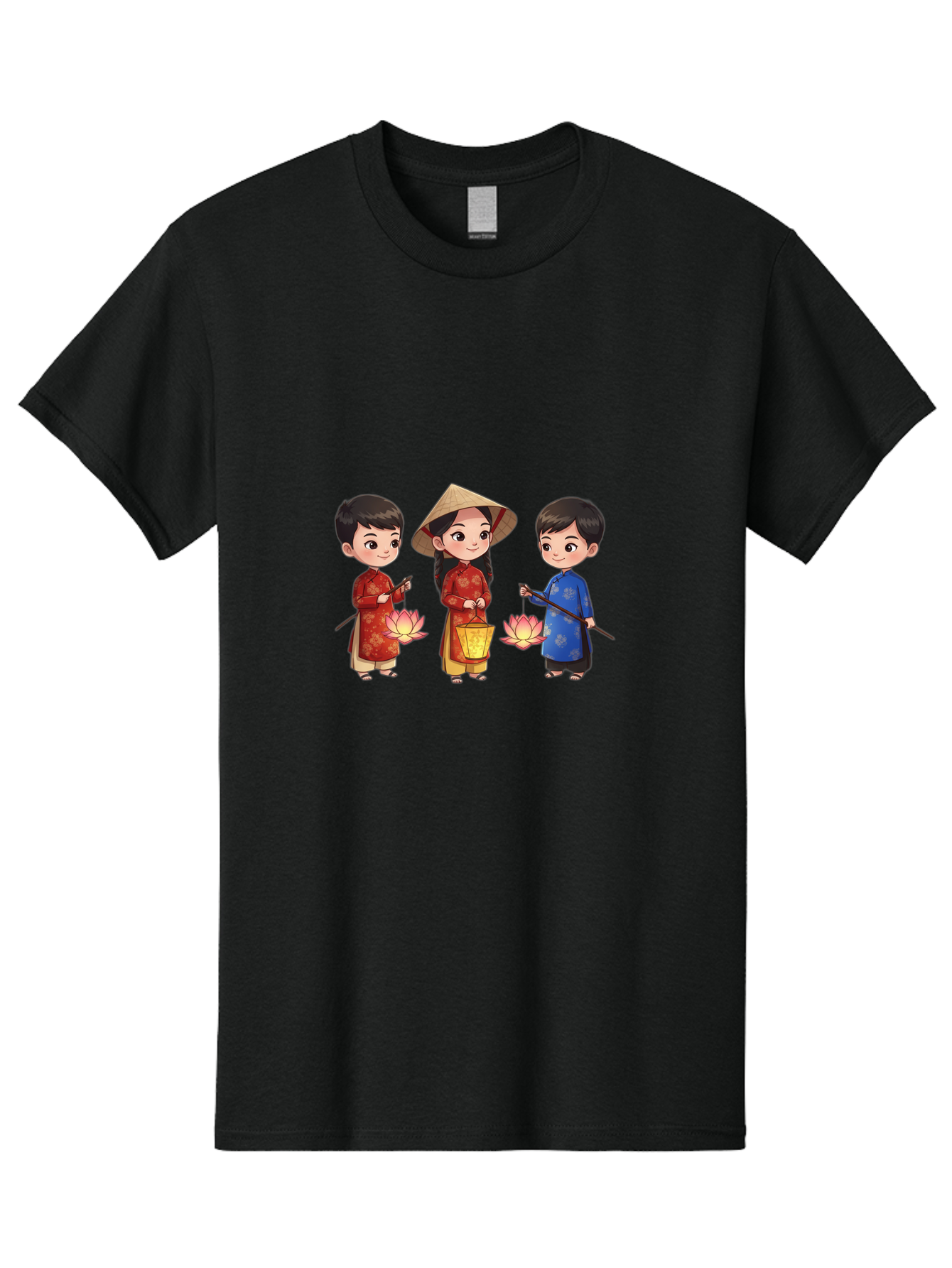 Three-Children-In-Traditional-Clothing Men'S Graphic Tee, 100% Cotton, Comfortable Casual Summer Wear, Machine Washable, Children In Traditional Vietnamese Clothing, Lotus Flowers, Conical Hat, Cultural Heritage, Traditional Attire, Bad836
