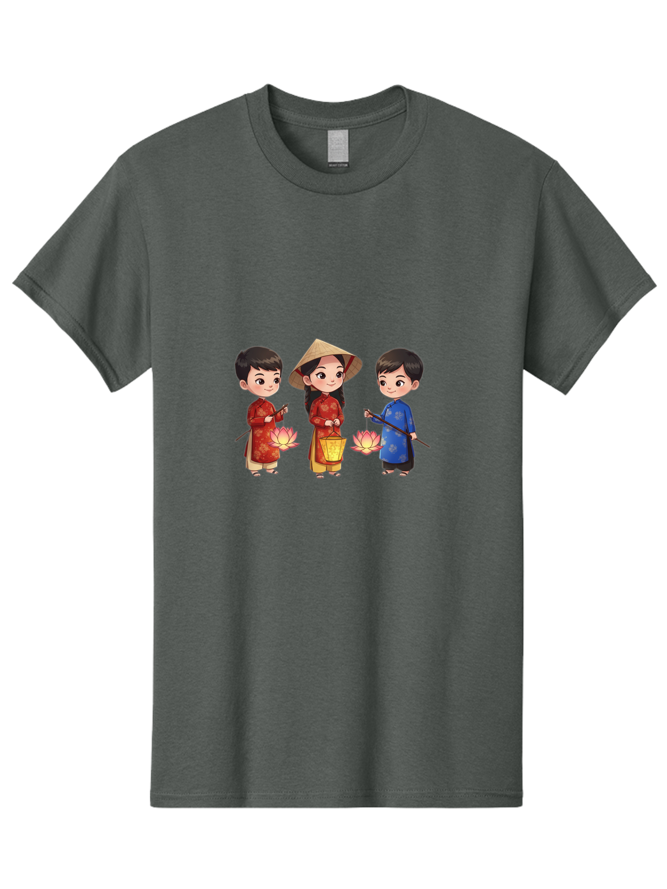 Three-Children-In-Traditional-Clothing Men'S Graphic Tee, 100% Cotton, Comfortable Casual Summer Wear, Machine Washable, Children In Traditional Vietnamese Clothing, Lotus Flowers, Conical Hat, Cultural Heritage, Traditional Attire, Bad836
