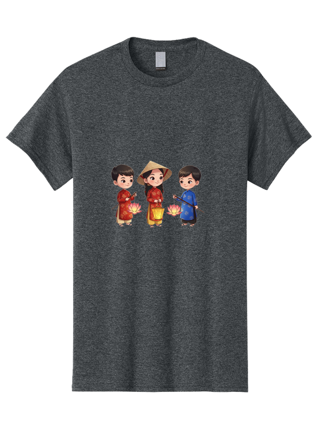 Three-Children-In-Traditional-Clothing Men'S Graphic Tee, 100% Cotton, Comfortable Casual Summer Wear, Machine Washable, Children In Traditional Vietnamese Clothing, Lotus Flowers, Conical Hat, Cultural Heritage, Traditional Attire, Bad836