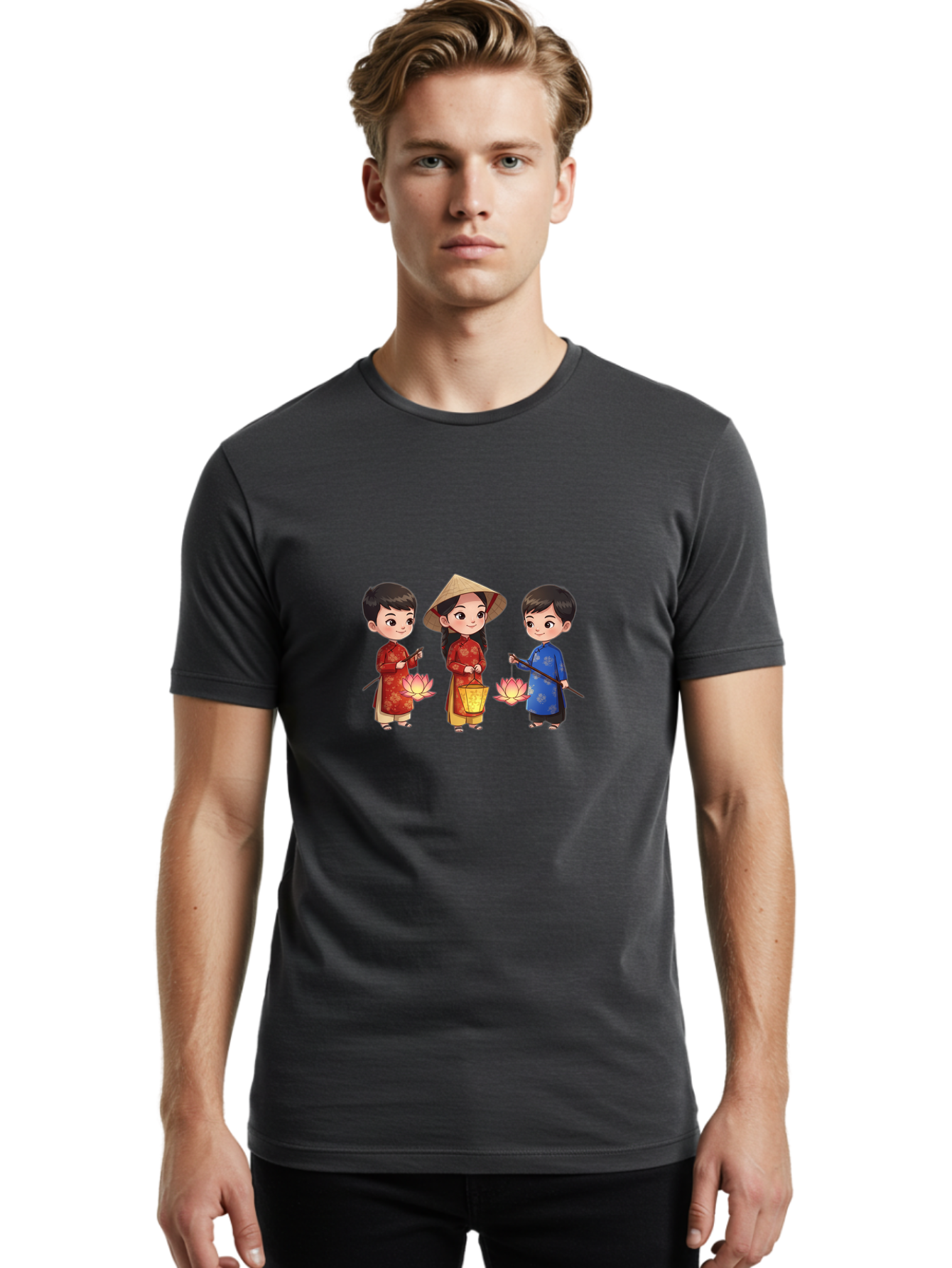 Three-Children-In-Traditional-Clothing Men'S Graphic Tee, 100% Cotton, Comfortable Casual Summer Wear, Machine Washable, Children In Traditional Vietnamese Clothing, Lotus Flowers, Conical Hat, Cultural Heritage, Traditional Attire, Bad836