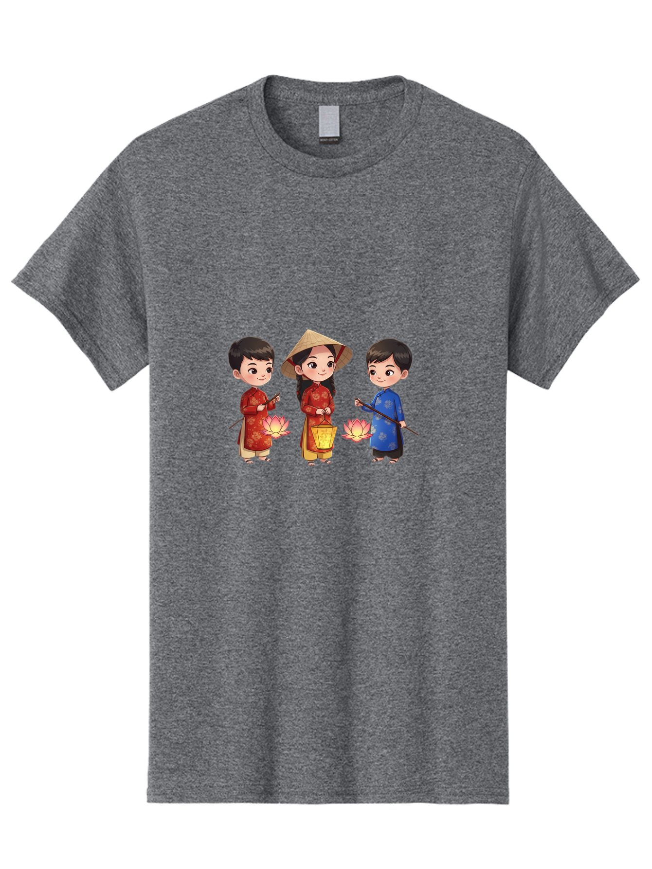 Three-Children-In-Traditional-Clothing Men'S Graphic Tee, 100% Cotton, Comfortable Casual Summer Wear, Machine Washable, Children In Traditional Vietnamese Clothing, Lotus Flowers, Conical Hat, Cultural Heritage, Traditional Attire, Bad836