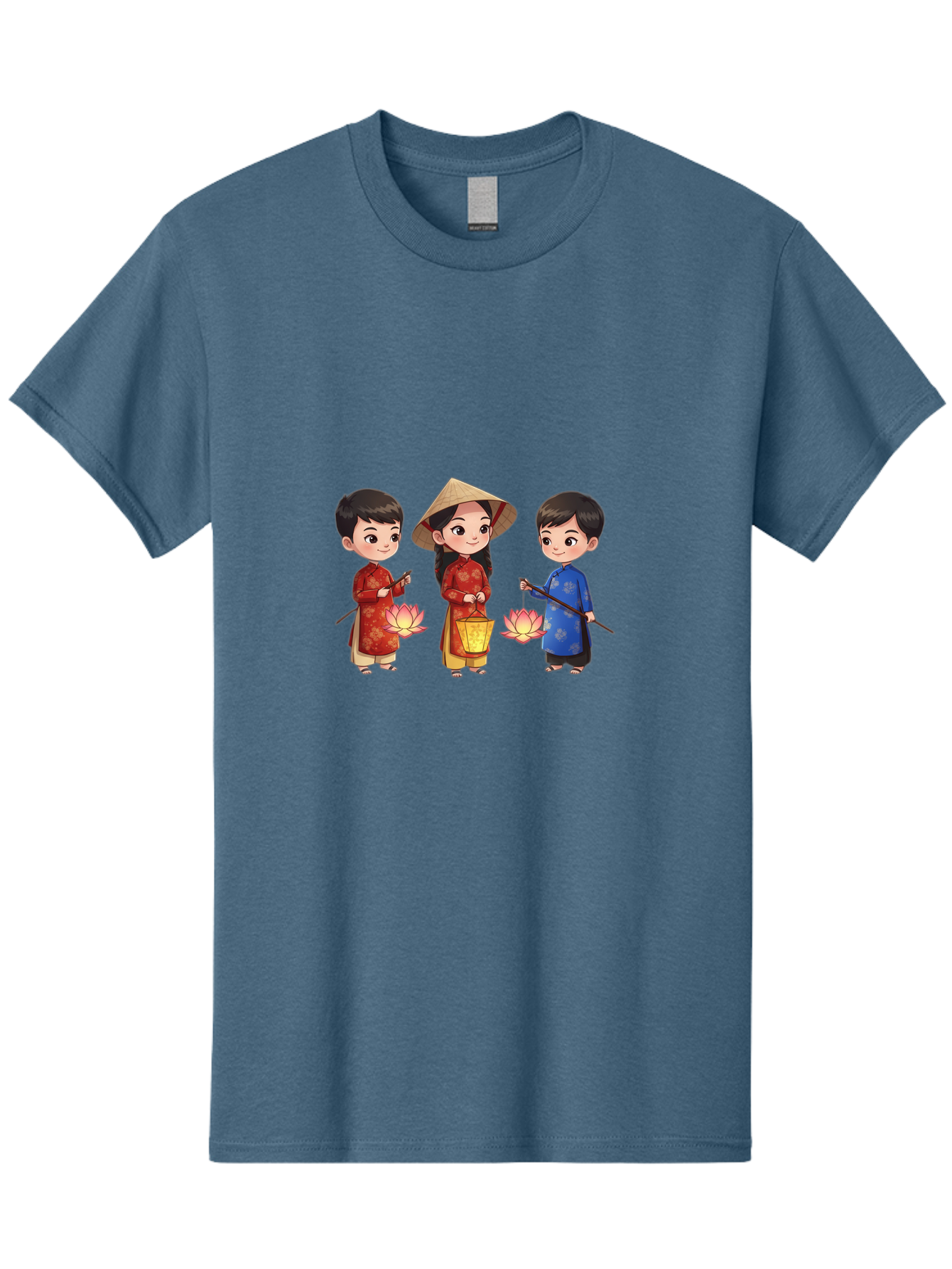 Three-Children-In-Traditional-Clothing Men'S Graphic Tee, 100% Cotton, Comfortable Casual Summer Wear, Machine Washable, Children In Traditional Vietnamese Clothing, Lotus Flowers, Conical Hat, Cultural Heritage, Traditional Attire, Bad836