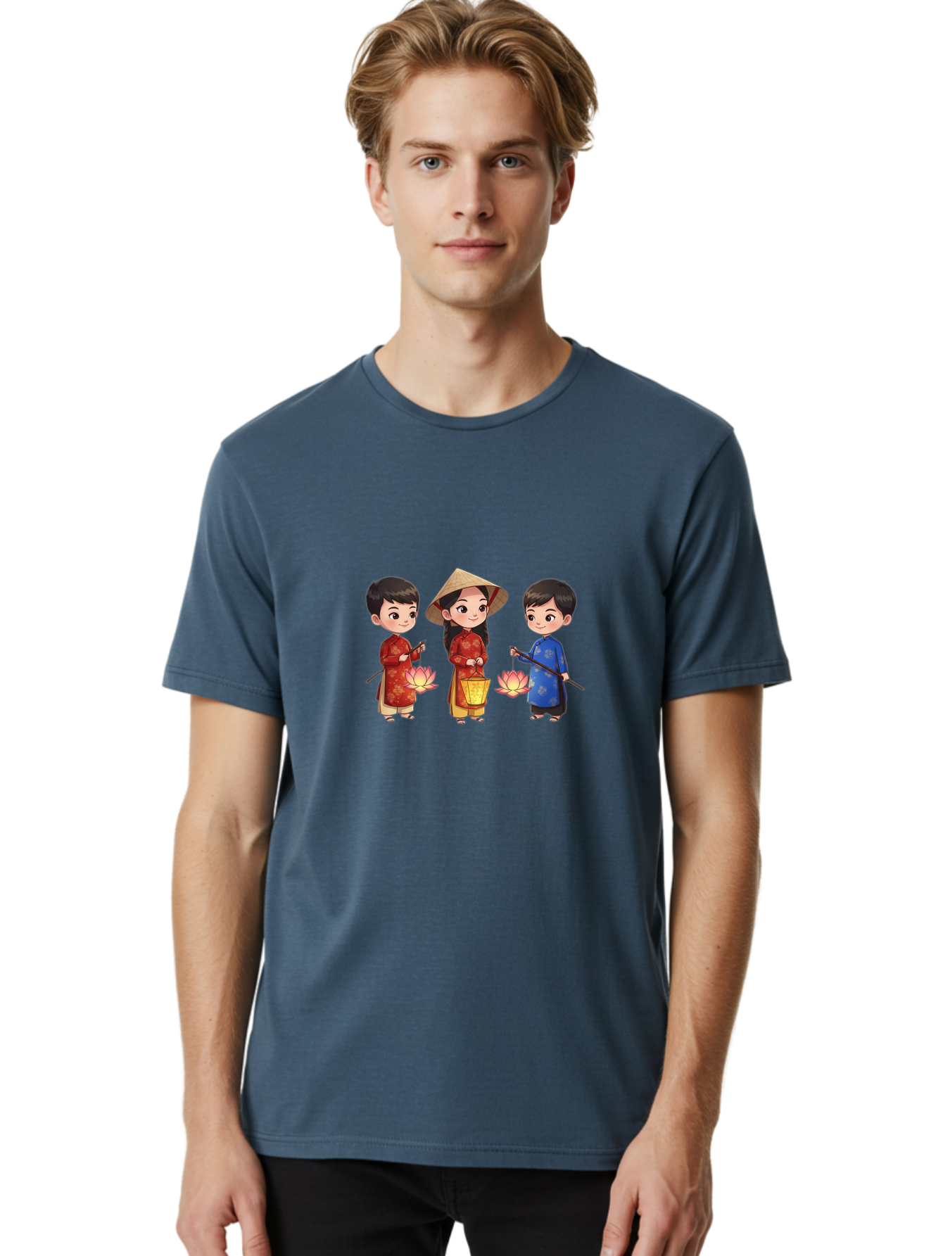 Three-Children-In-Traditional-Clothing Men'S Graphic Tee, 100% Cotton, Comfortable Casual Summer Wear, Machine Washable, Children In Traditional Vietnamese Clothing, Lotus Flowers, Conical Hat, Cultural Heritage, Traditional Attire, Bad836