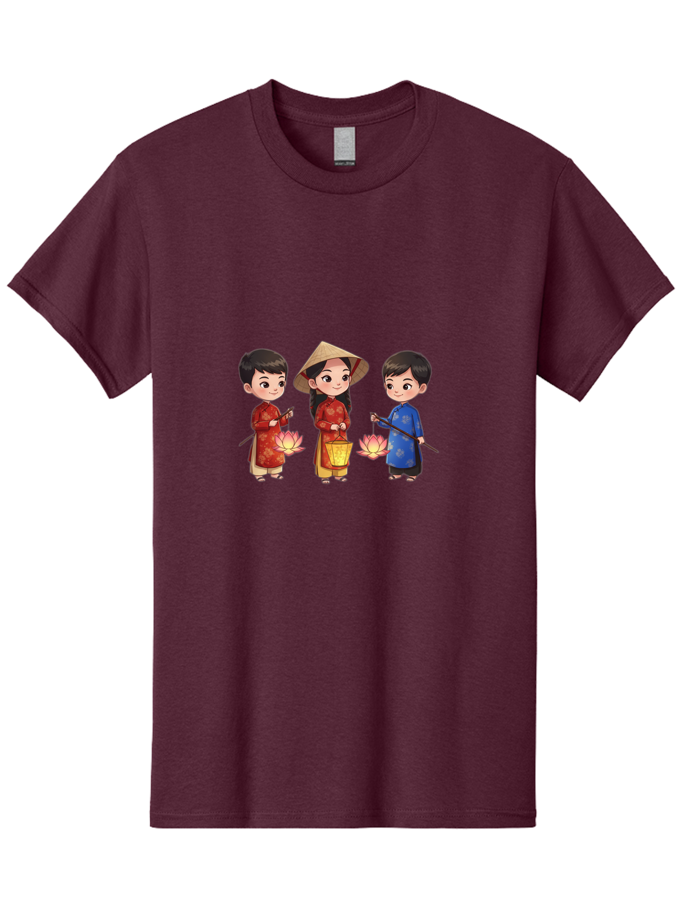 Three-Children-In-Traditional-Clothing Men'S Graphic Tee, 100% Cotton, Comfortable Casual Summer Wear, Machine Washable, Children In Traditional Vietnamese Clothing, Lotus Flowers, Conical Hat, Cultural Heritage, Traditional Attire, Bad836