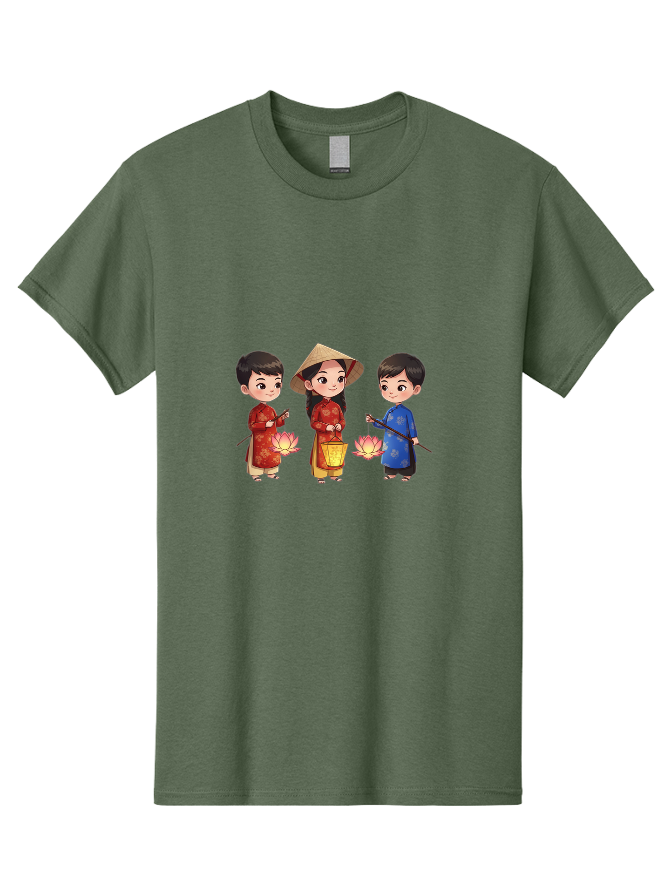 Three-Children-In-Traditional-Clothing Men'S Graphic Tee, 100% Cotton, Comfortable Casual Summer Wear, Machine Washable, Children In Traditional Vietnamese Clothing, Lotus Flowers, Conical Hat, Cultural Heritage, Traditional Attire, Bad836
