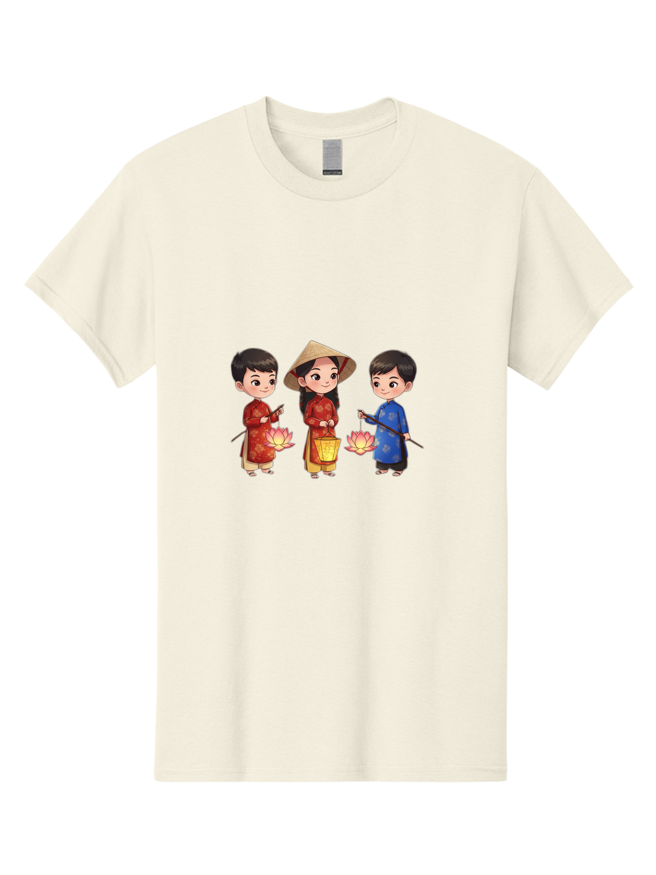 Three-Children-In-Traditional-Clothing Men'S Graphic Tee, 100% Cotton, Comfortable Casual Summer Wear, Machine Washable, Children In Traditional Vietnamese Clothing, Lotus Flowers, Conical Hat, Cultural Heritage, Traditional Attire, Bad836