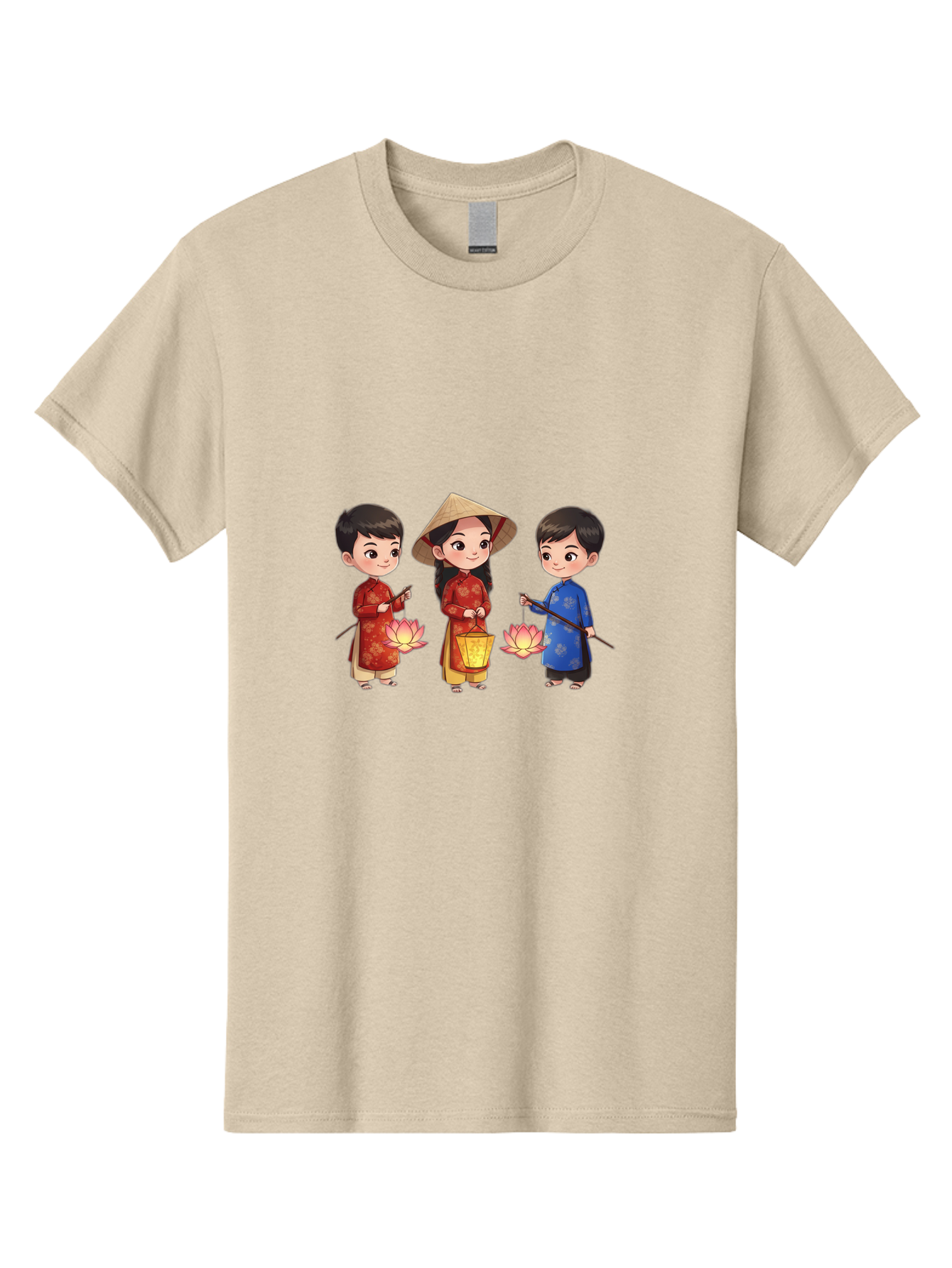 Three-Children-In-Traditional-Clothing Men'S Graphic Tee, 100% Cotton, Comfortable Casual Summer Wear, Machine Washable, Children In Traditional Vietnamese Clothing, Lotus Flowers, Conical Hat, Cultural Heritage, Traditional Attire, Bad836