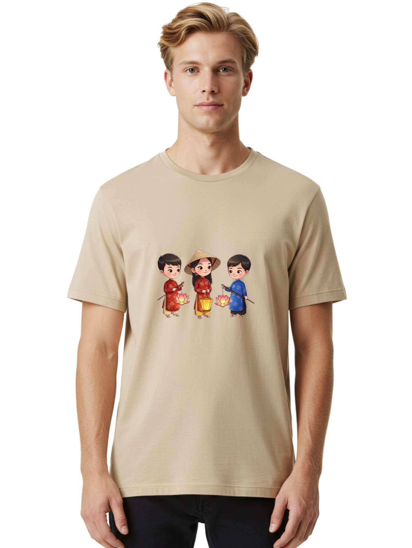 Three-Children-In-Traditional-Clothing Men'S Graphic Tee, 100% Cotton, Comfortable Casual Summer Wear, Machine Washable, Children In Traditional Vietnamese Clothing, Lotus Flowers, Conical Hat, Cultural Heritage, Traditional Attire, Bad836