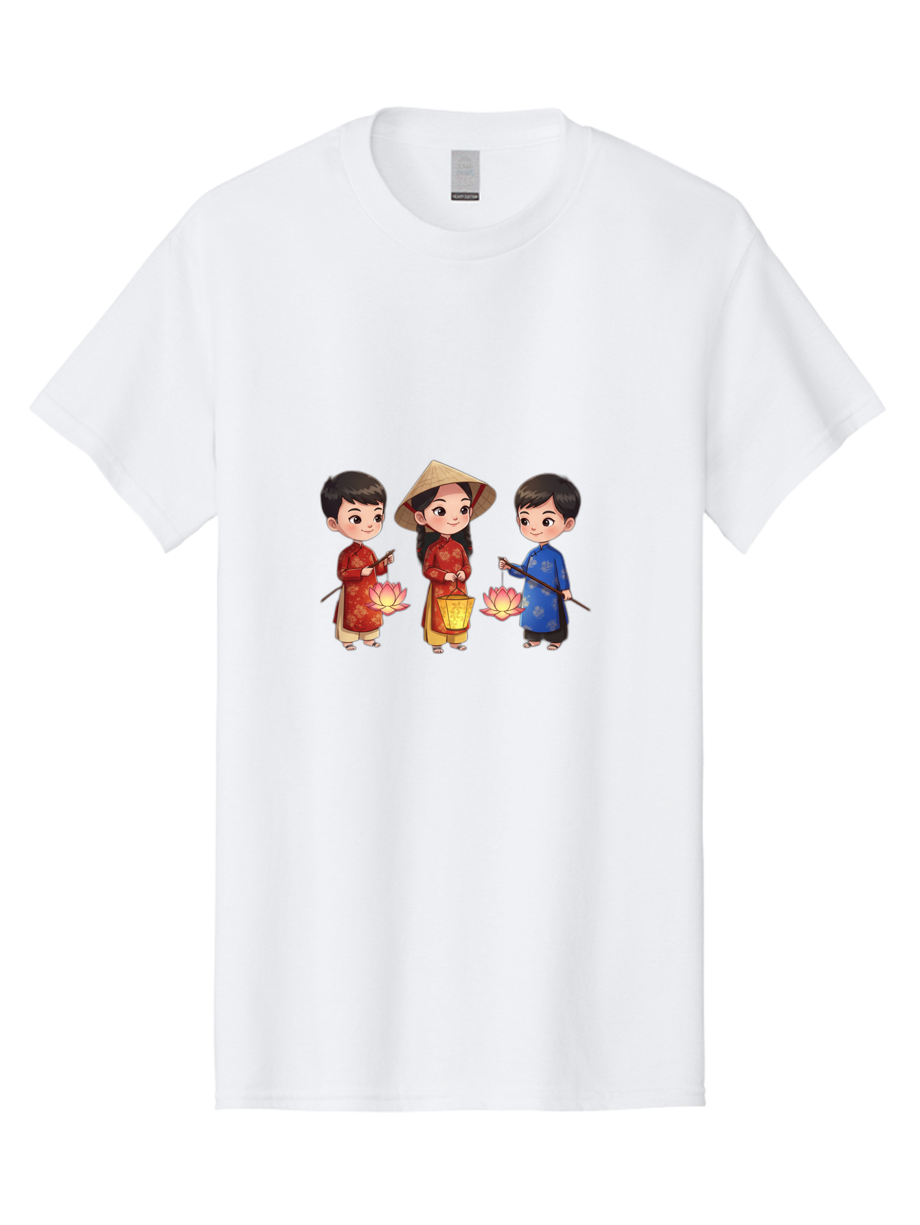 Three-Children-In-Traditional-Clothing Men'S Graphic Tee, 100% Cotton, Comfortable Casual Summer Wear, Machine Washable, Children In Traditional Vietnamese Clothing, Lotus Flowers, Conical Hat, Cultural Heritage, Traditional Attire, Bad836