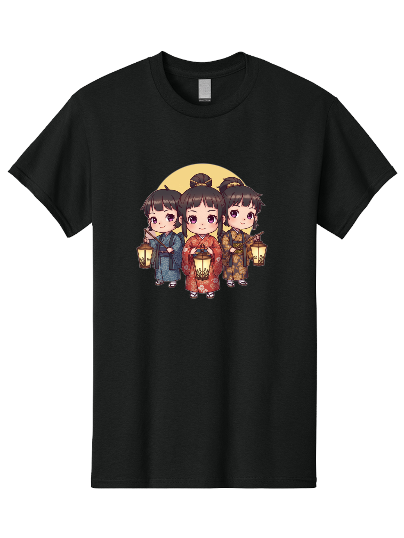 Three-Girls-In-Kimonos Men'S Graphic Tee, 100% Cotton, Comfortable Casual Summer Wear, Machine Washable, Children In Traditional Clothing, Holding Lanterns, Japanese Culture, Kimonos, Full Moon, Cartoon Illustration, Cute Kids, Bad837