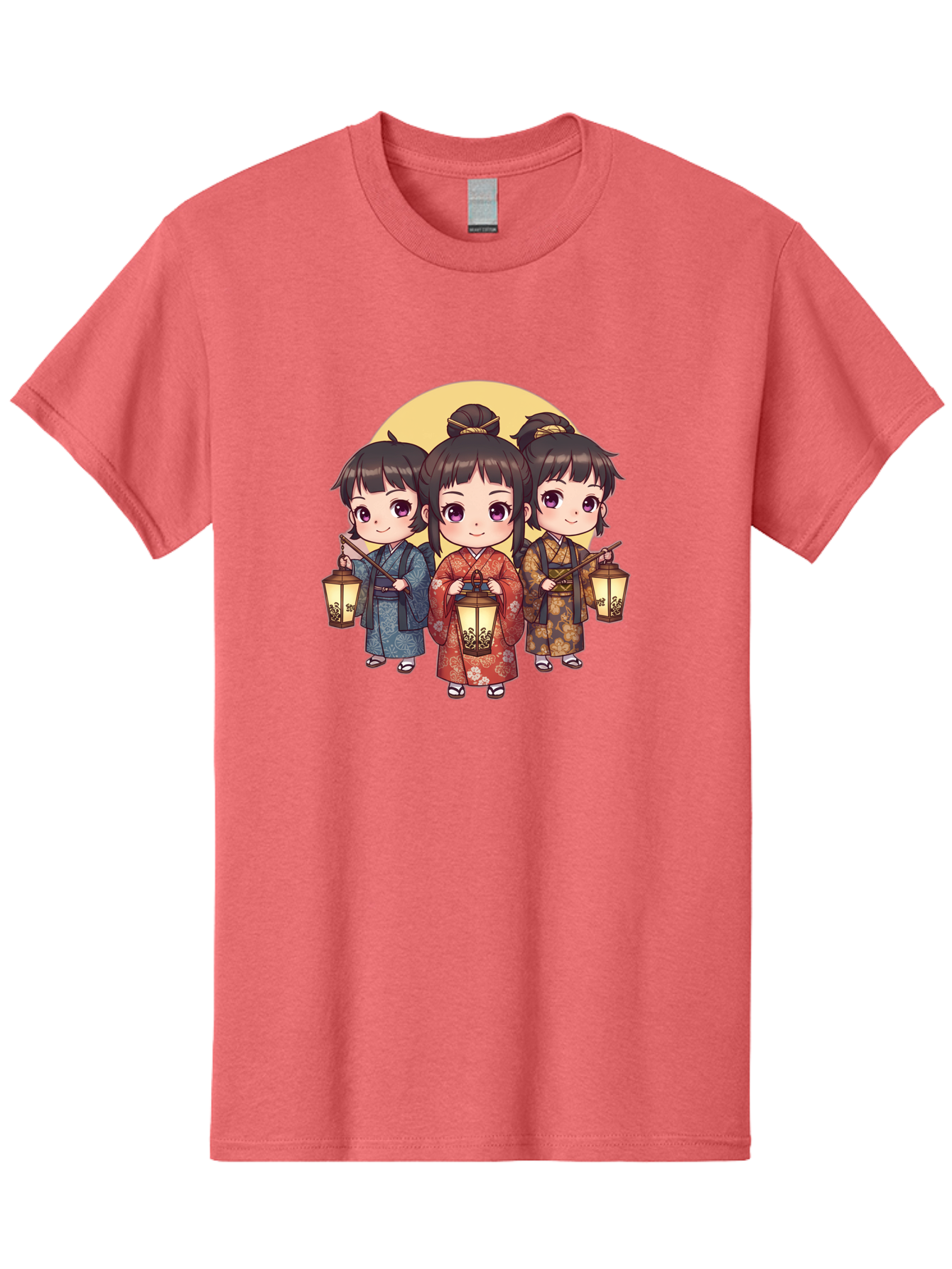 Three-Girls-In-Kimonos Men'S Graphic Tee, 100% Cotton, Comfortable Casual Summer Wear, Machine Washable, Children In Traditional Clothing, Holding Lanterns, Japanese Culture, Kimonos, Full Moon, Cartoon Illustration, Cute Kids, Bad837