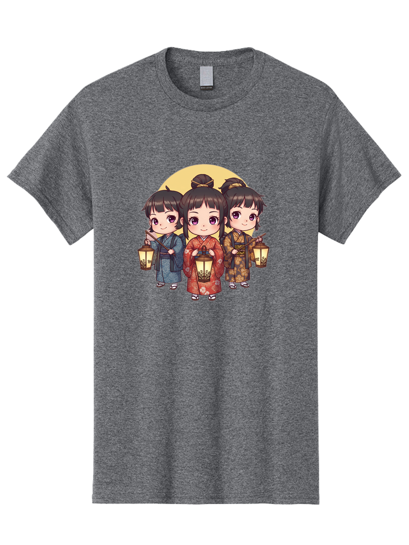 Three-Girls-In-Kimonos Men'S Graphic Tee, 100% Cotton, Comfortable Casual Summer Wear, Machine Washable, Children In Traditional Clothing, Holding Lanterns, Japanese Culture, Kimonos, Full Moon, Cartoon Illustration, Cute Kids, Bad837