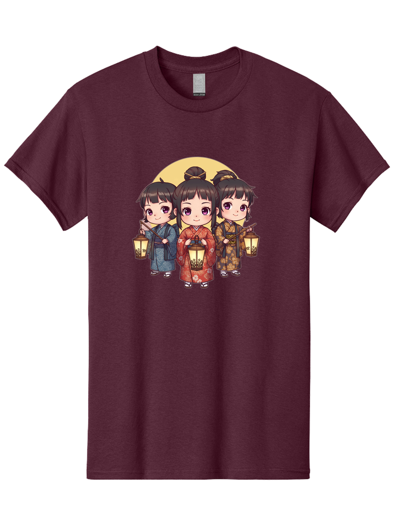 Three-Girls-In-Kimonos Men'S Graphic Tee, 100% Cotton, Comfortable Casual Summer Wear, Machine Washable, Children In Traditional Clothing, Holding Lanterns, Japanese Culture, Kimonos, Full Moon, Cartoon Illustration, Cute Kids, Bad837