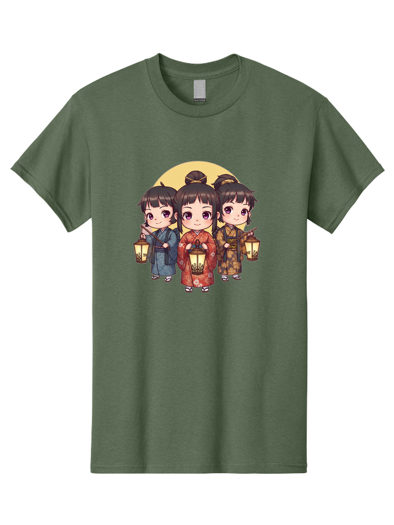 Three-Girls-In-Kimonos Men'S Graphic Tee, 100% Cotton, Comfortable Casual Summer Wear, Machine Washable, Children In Traditional Clothing, Holding Lanterns, Japanese Culture, Kimonos, Full Moon, Cartoon Illustration, Cute Kids, Bad837